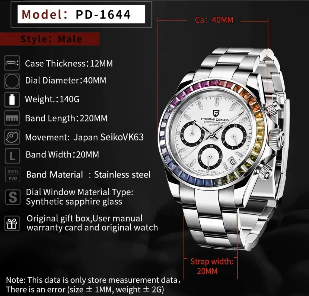 PAGANI DESIGN PD-1644 Men's Quartz Watches Chronograph Sports Wrist Watch with VK63 Movement Sapphire Glass Waterproof Stainless Steel Strap Ceramic Bezel - DREAM WATCHES