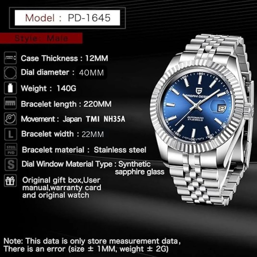 Pagani Design PD-1645 DateJust (Automatic Movement) Mechanical Watch 200M Waterproof Watch Stainless Steel Watch Fluted Bezel (Black Dial - Dual Tone Jubilee Bracelet) - DREAM WATCHES