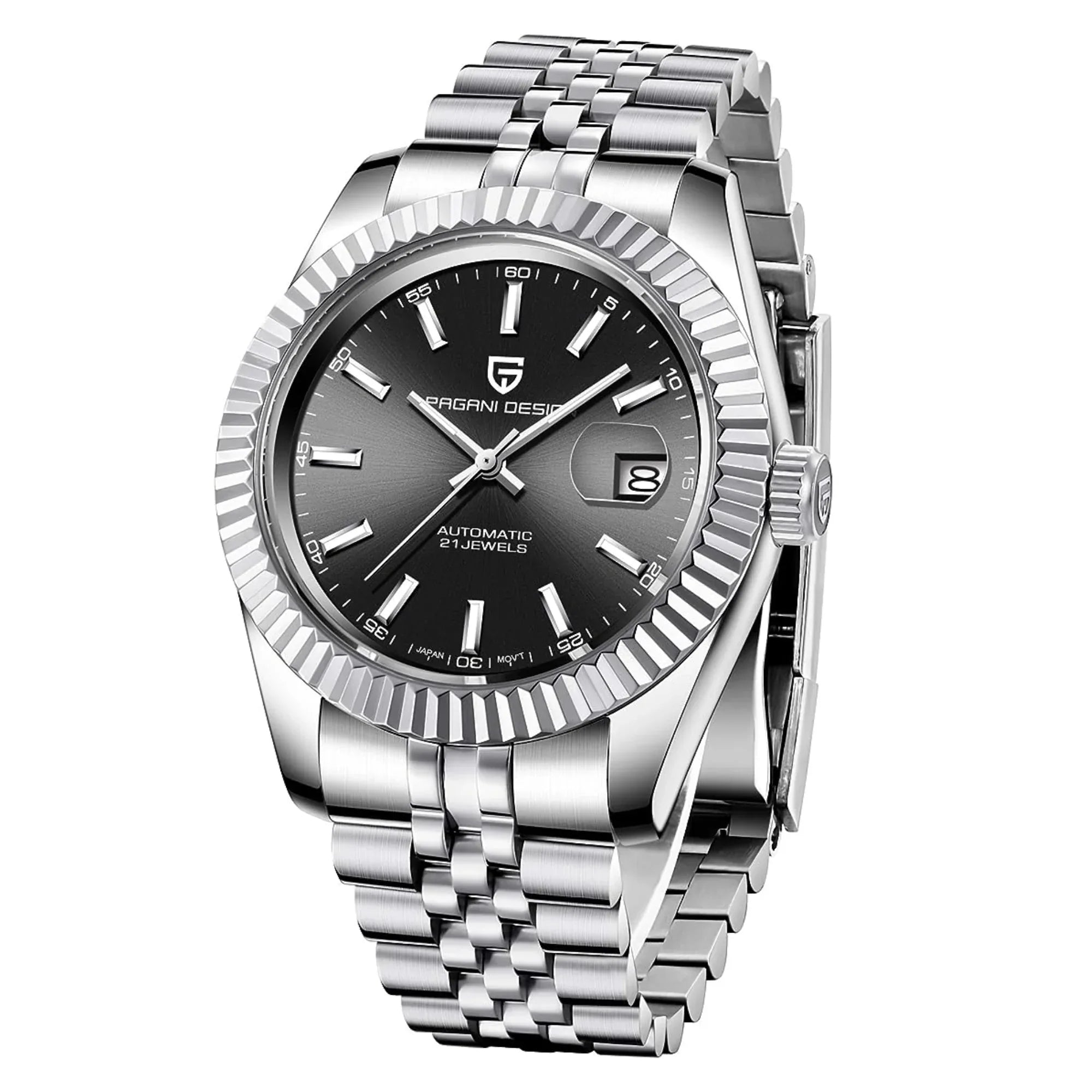 Pagani Design PD-1645 DateJust (Automatic Movement) Mechanical Watch 200M Waterproof Watch Stainless Steel Watch Fluted Bezel (Black Dial - Jubilee Bracelet) - DREAM WATCHES