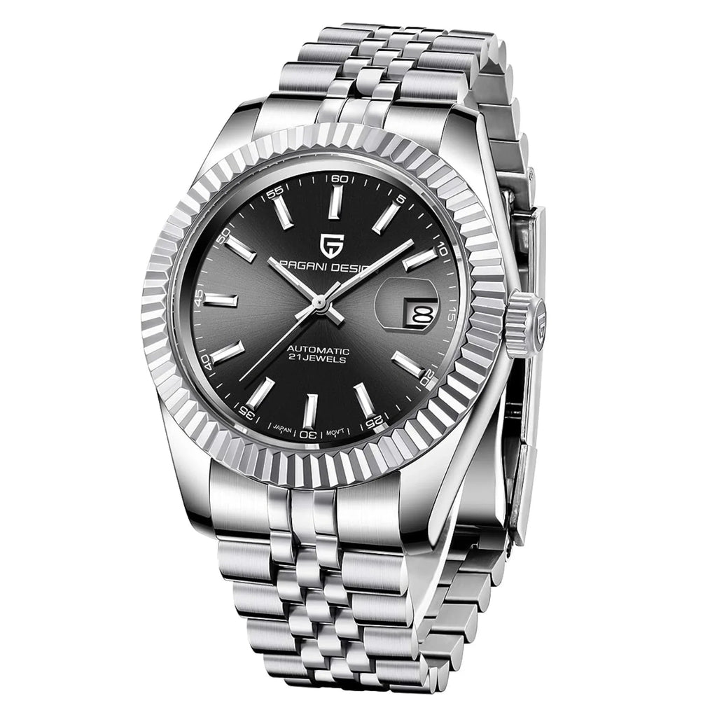 Pagani Design PD-1645 DateJust (Automatic Movement) Mechanical Watch 200M Waterproof Watch Stainless Steel Watch Fluted Bezel (Black Dial - Jubilee Bracelet) - DREAM WATCHES