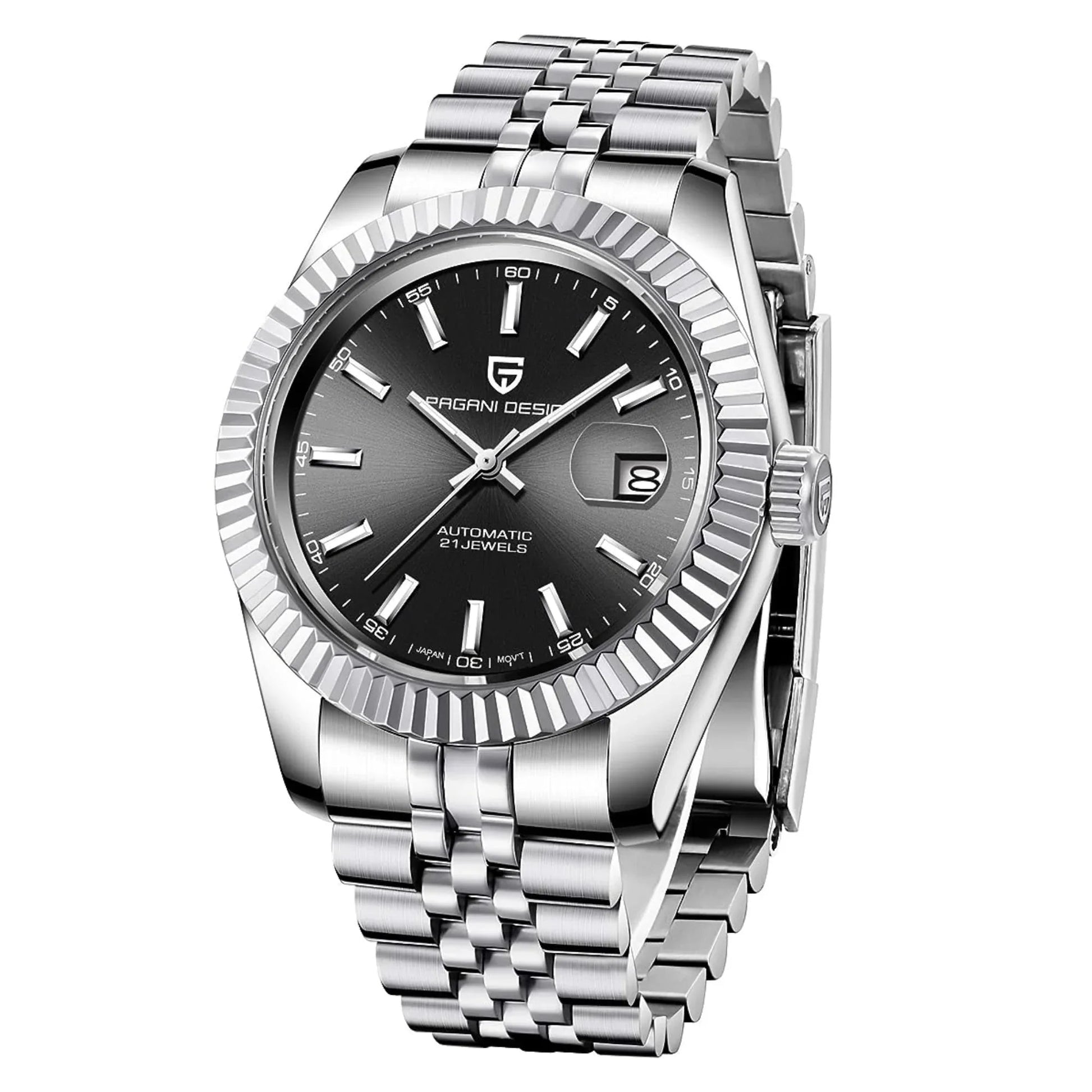 Pagani Design PD-1645 DateJust (Automatic Movement) Mechanical Watch 200M Waterproof Watch Stainless Steel Watch Fluted Bezel (Black Dial - Jubilee Bracelet) - DREAM WATCHES