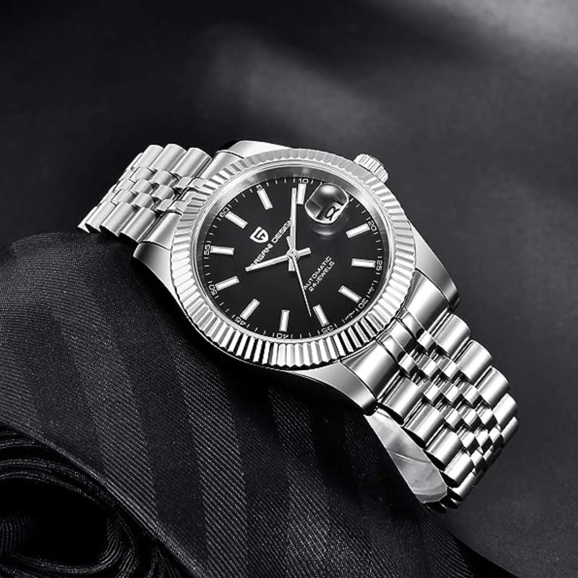 Pagani Design PD-1645 DateJust (Automatic Movement) Mechanical Watch 200M Waterproof Watch Stainless Steel Watch Fluted Bezel (Black Dial - Jubilee Bracelet) - DREAM WATCHES