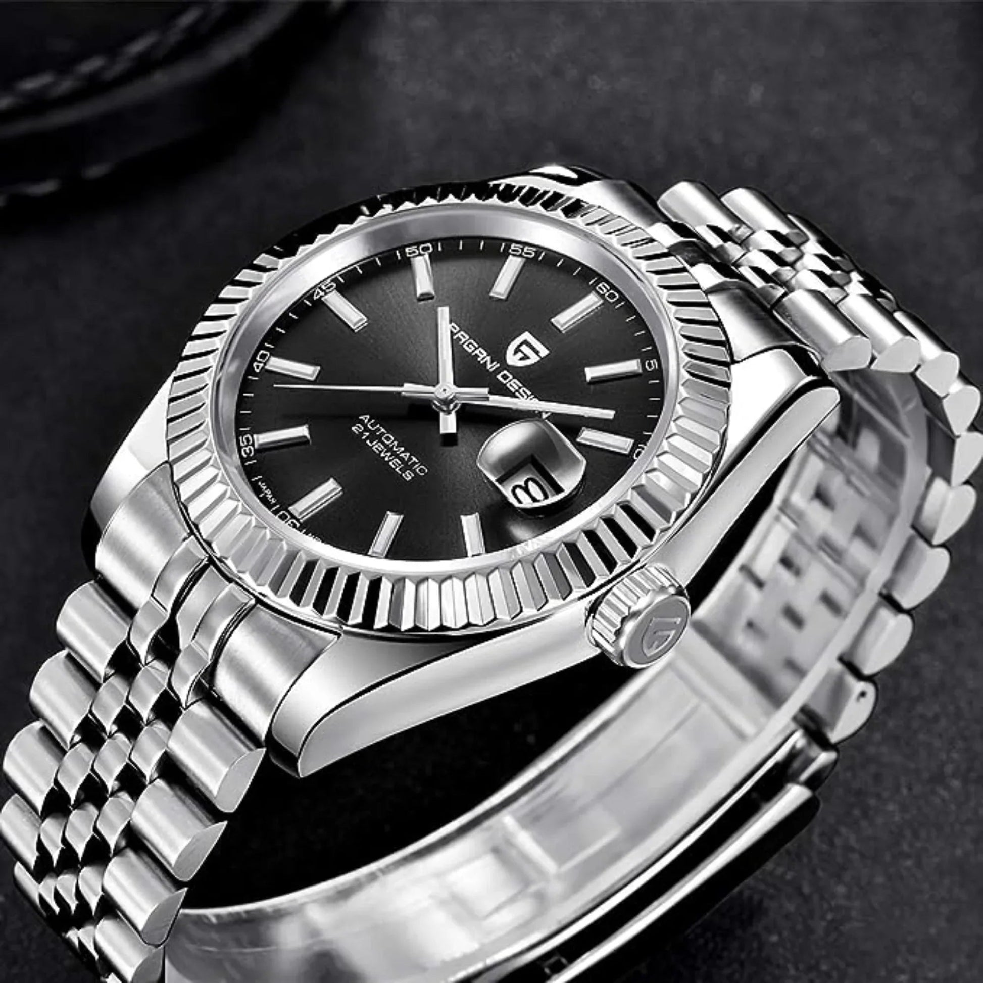 Pagani Design PD-1645 DateJust (Automatic Movement) Mechanical Watch 200M Waterproof Watch Stainless Steel Watch Fluted Bezel (Black Dial - Jubilee Bracelet) - DREAM WATCHES