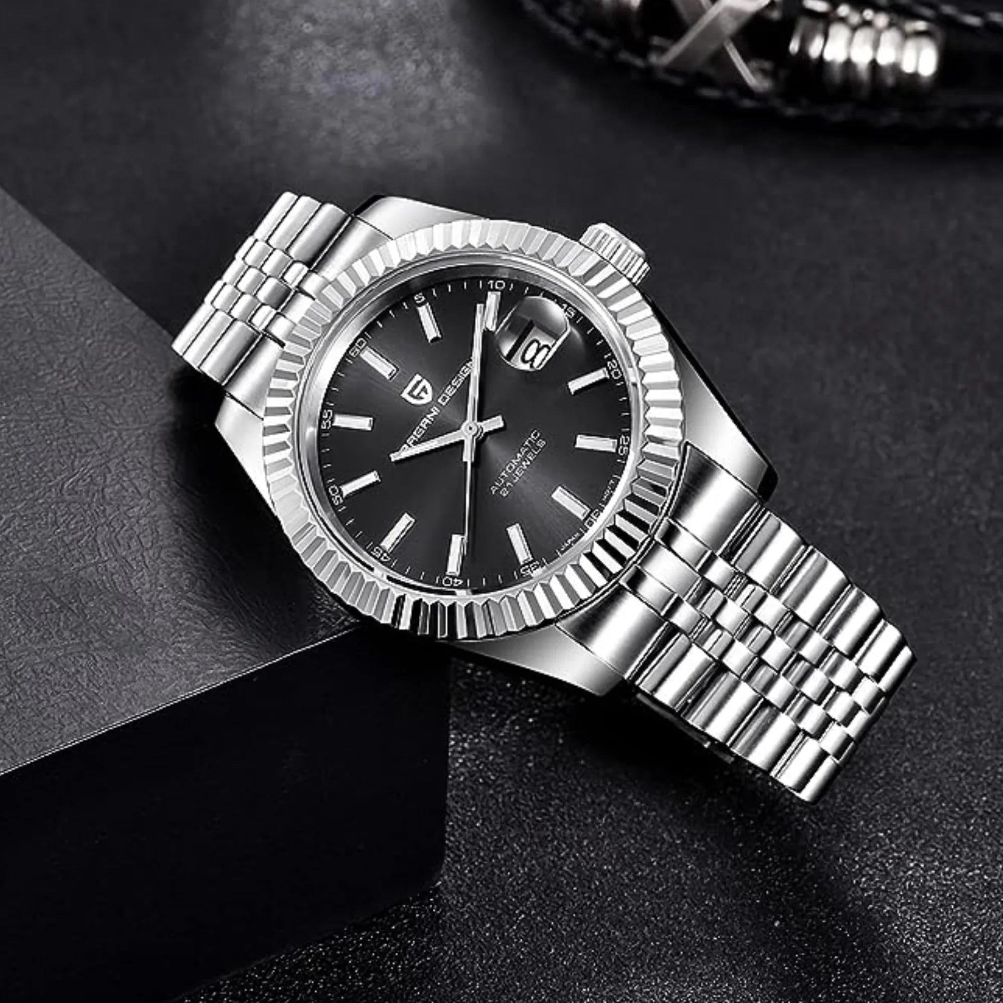 Pagani Design PD-1645 DateJust (Automatic Movement) Mechanical Watch 200M Waterproof Watch Stainless Steel Watch Fluted Bezel (Black Dial - Jubilee Bracelet) - DREAM WATCHES