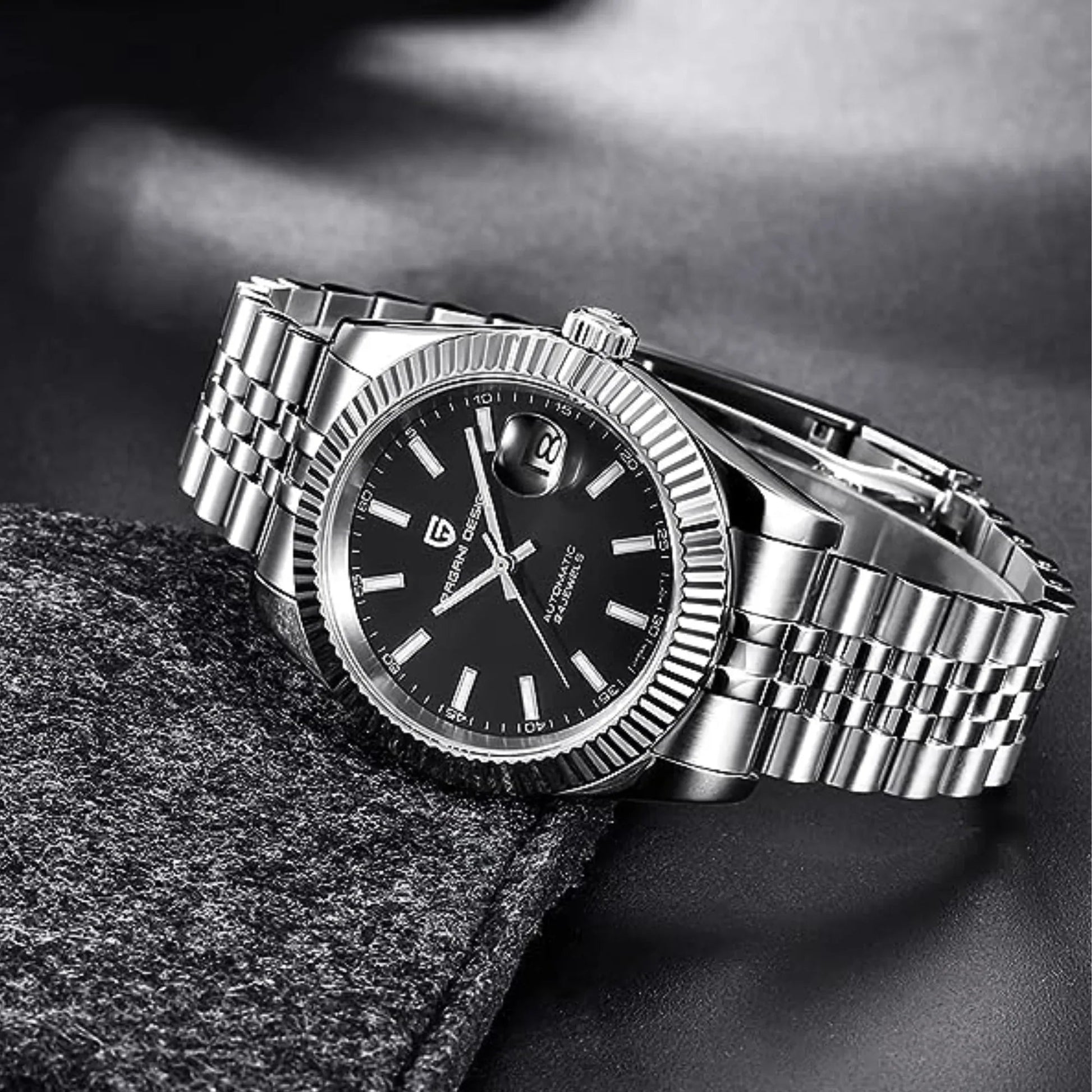 Pagani Design PD-1645 DateJust (Automatic Movement) Mechanical Watch 200M Waterproof Watch Stainless Steel Watch Fluted Bezel (Black Dial - Jubilee Bracelet) - DREAM WATCHES