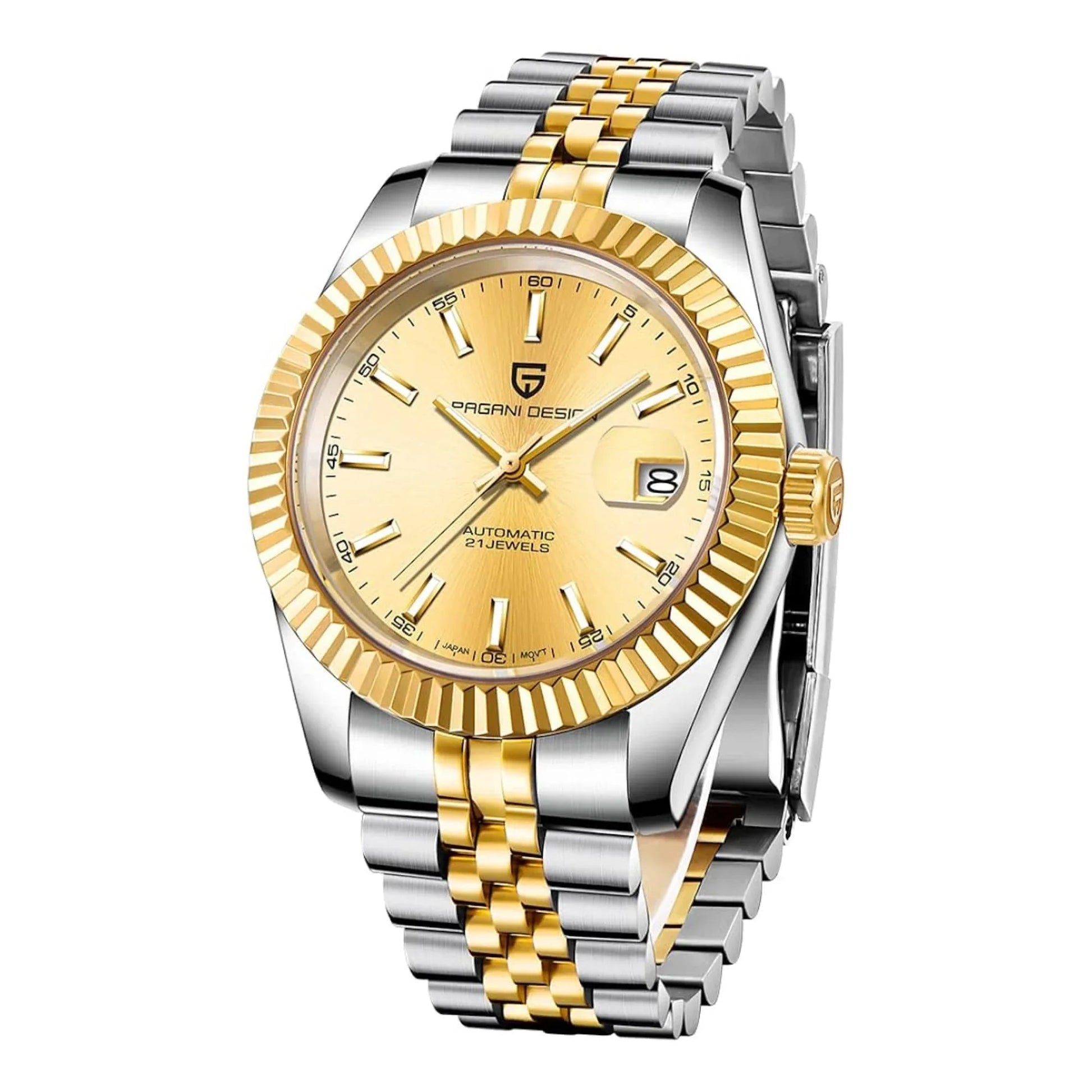 Pagani Design PD-1645 DateJust (Automatic Movement) Mechanical Watch 200M Waterproof Watch Stainless Steel Watch Fluted Bezel (Golden Dial - Jubilee Bracelet) - DREAM WATCHES