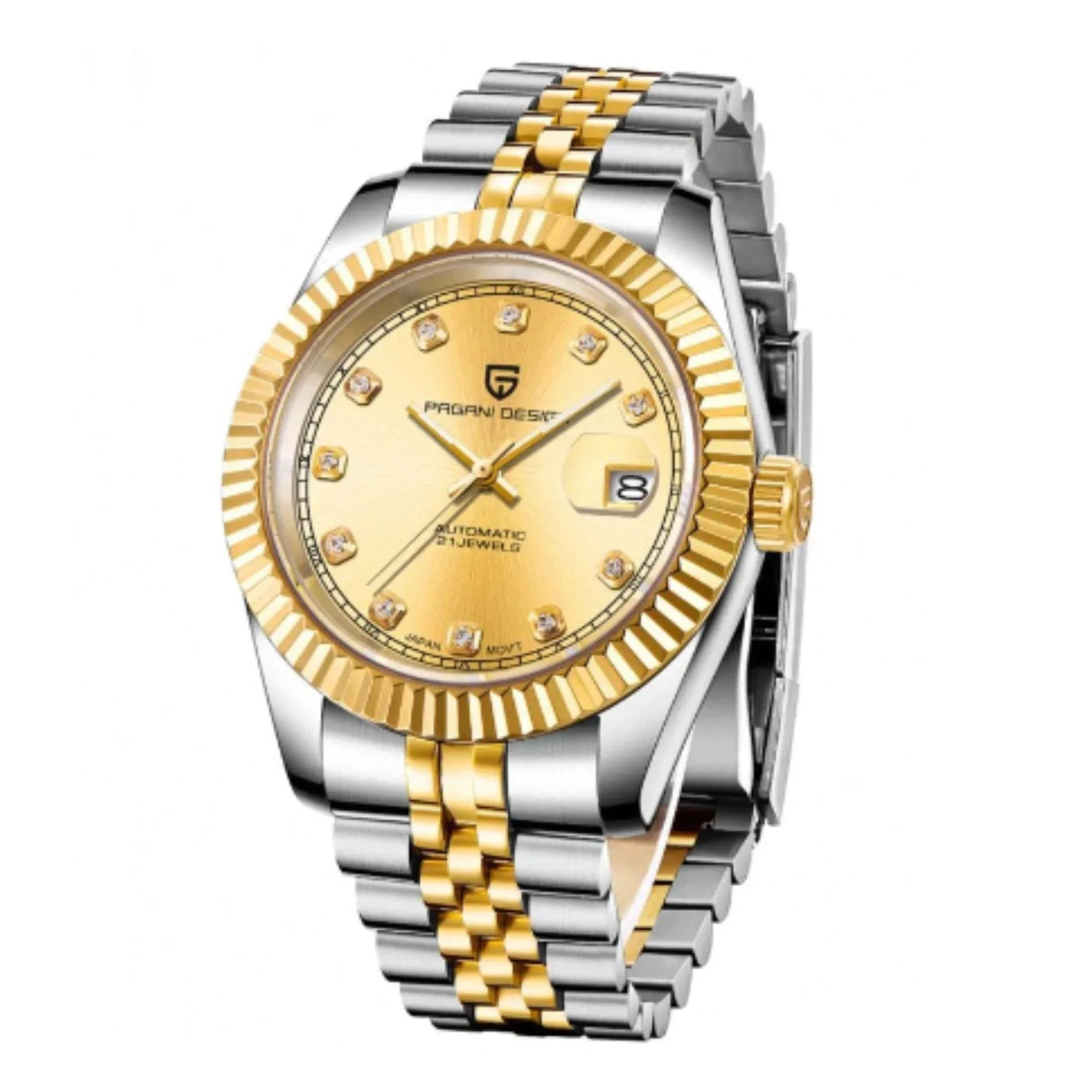 Pagani Design PD-1645 DateJust (Automatic Movement) Mechanical Watch 200M Waterproof Watch Stainless Steel Watch Fluted Bezel (Golden Dial - Jubilee Bracelet) - DREAM WATCHES