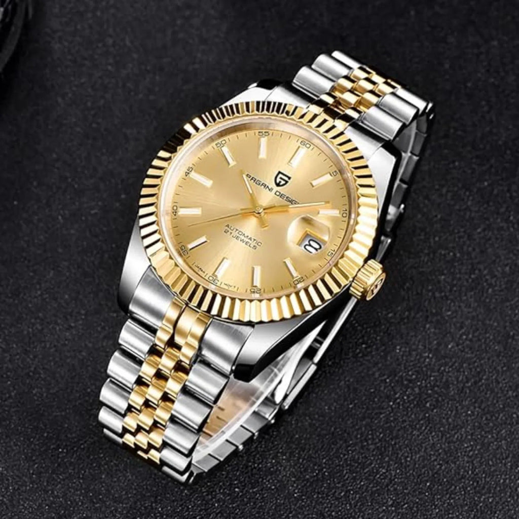 Pagani Design PD-1645 DateJust (Automatic Movement) Mechanical Watch 200M Waterproof Watch Stainless Steel Watch Fluted Bezel (Golden Dial - Jubilee Bracelet) - DREAM WATCHES