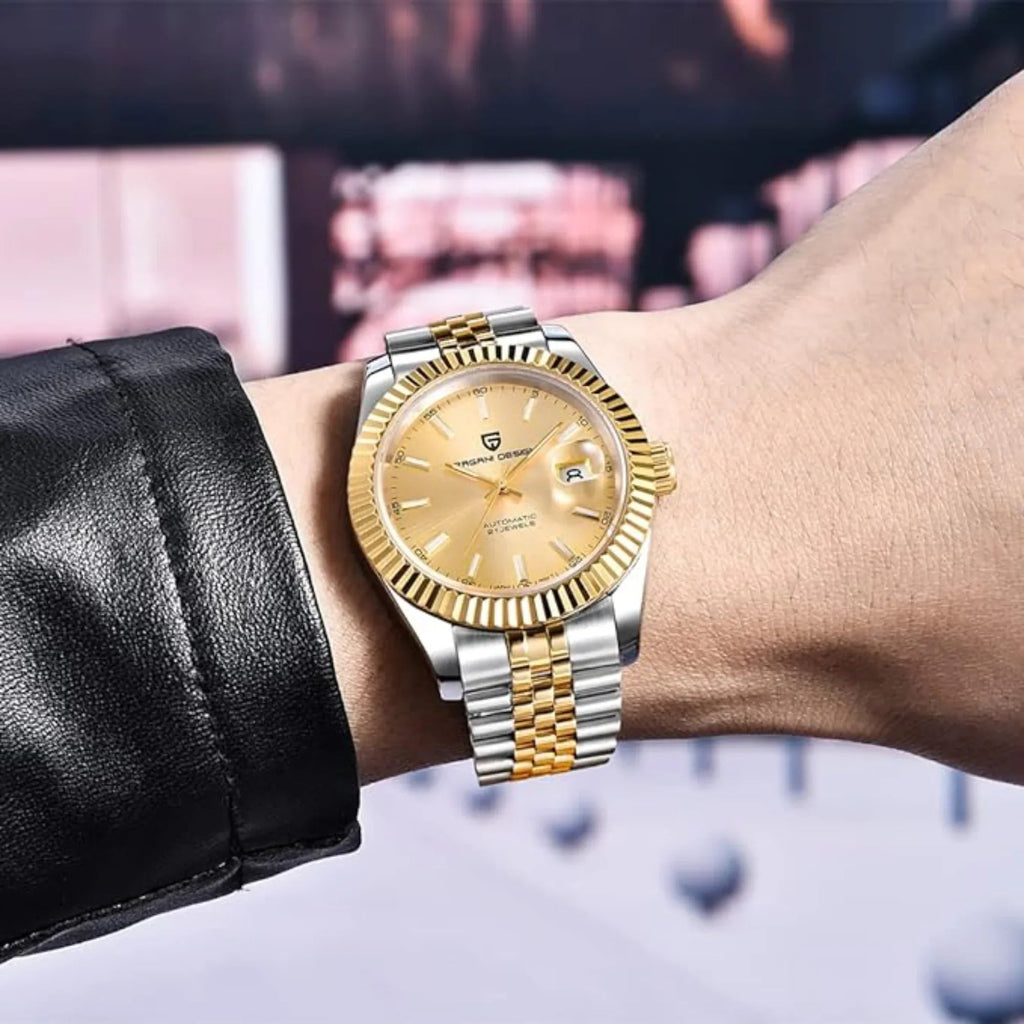 Pagani Design PD-1645 DateJust (Automatic Movement) Mechanical Watch 200M Waterproof Watch Stainless Steel Watch Fluted Bezel (Golden Dial - Jubilee Bracelet) - DREAM WATCHES