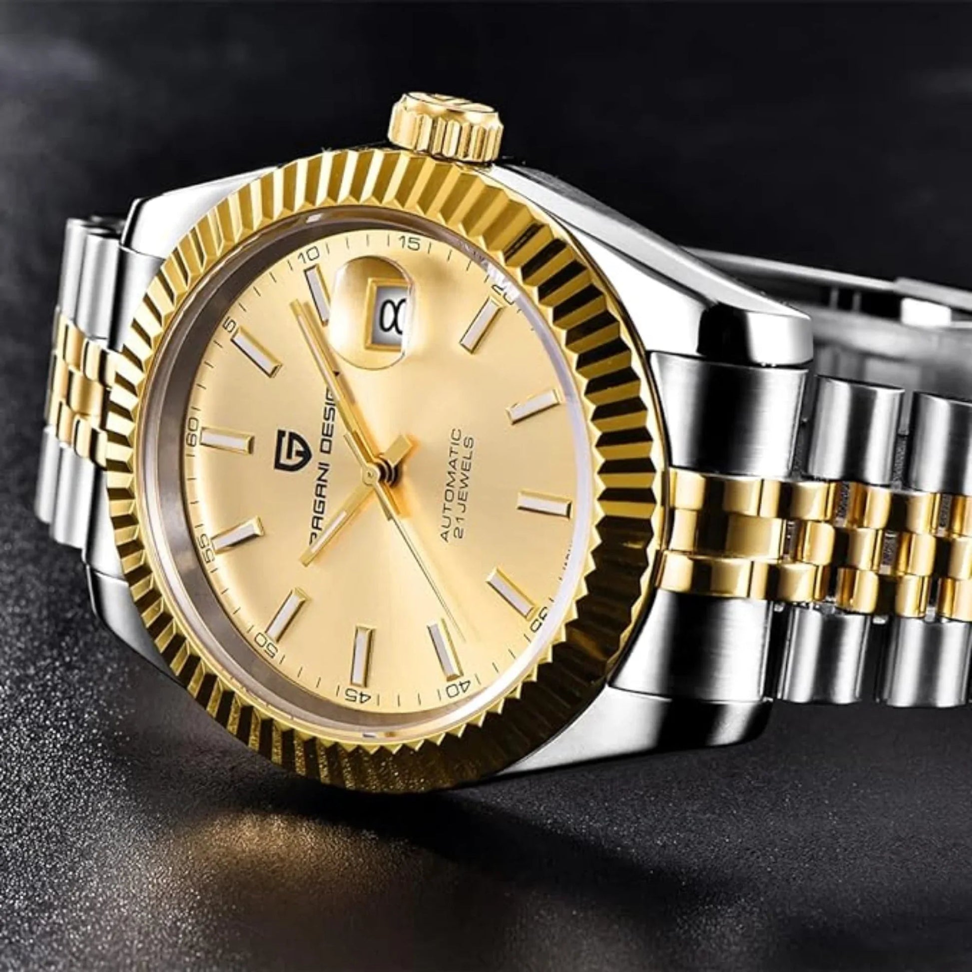 Pagani Design PD-1645 DateJust (Automatic Movement) Mechanical Watch 200M Waterproof Watch Stainless Steel Watch Fluted Bezel (Golden Dial - Jubilee Bracelet) - DREAM WATCHES