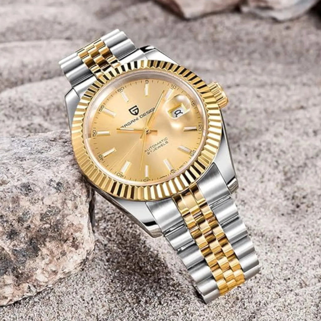 Pagani Design PD-1645 DateJust (Automatic Movement) Mechanical Watch 200M Waterproof Watch Stainless Steel Watch Fluted Bezel (Golden Dial - Jubilee Bracelet) - DREAM WATCHES