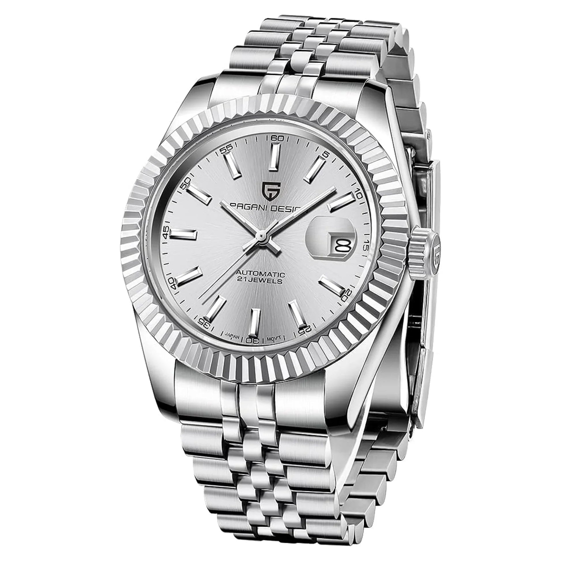 Pagani Design PD-1645 DateJust (Automatic Movement) Mechanical Watch 200M Waterproof Watch Stainless Steel Watch Fluted Bezel (Silver Dial - Jubilee Bracelet) - DREAM WATCHES