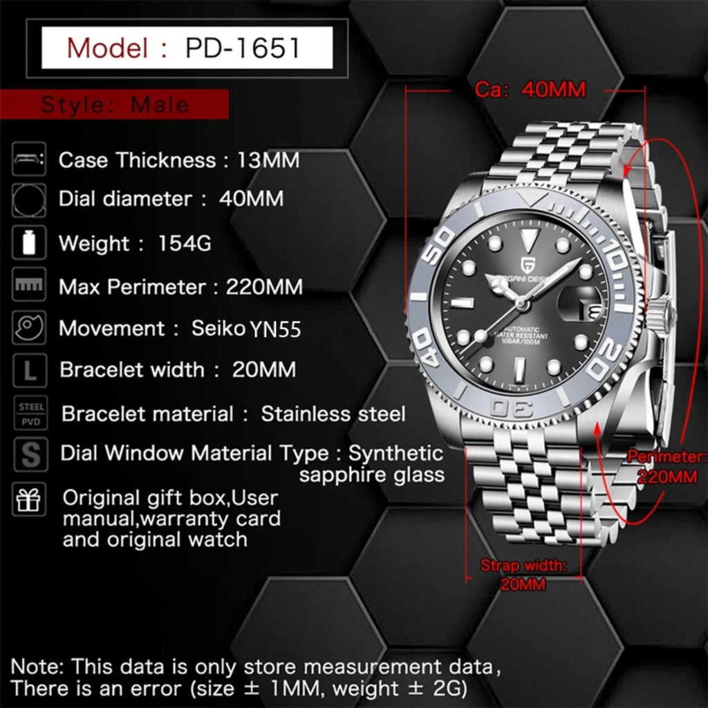 Pagani Design PD-1651 40mm Mens Automatic Waterproof Mechanical Watch with Yatch-Master Hommage - Grey - DREAM WATCHES