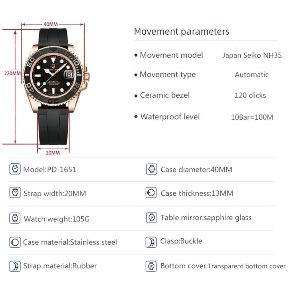 Pagani Design PD-1651 40mm Mens Automatic Waterproof Mechanical Watch Yatch-Master Hommage - DREAM WATCHES
