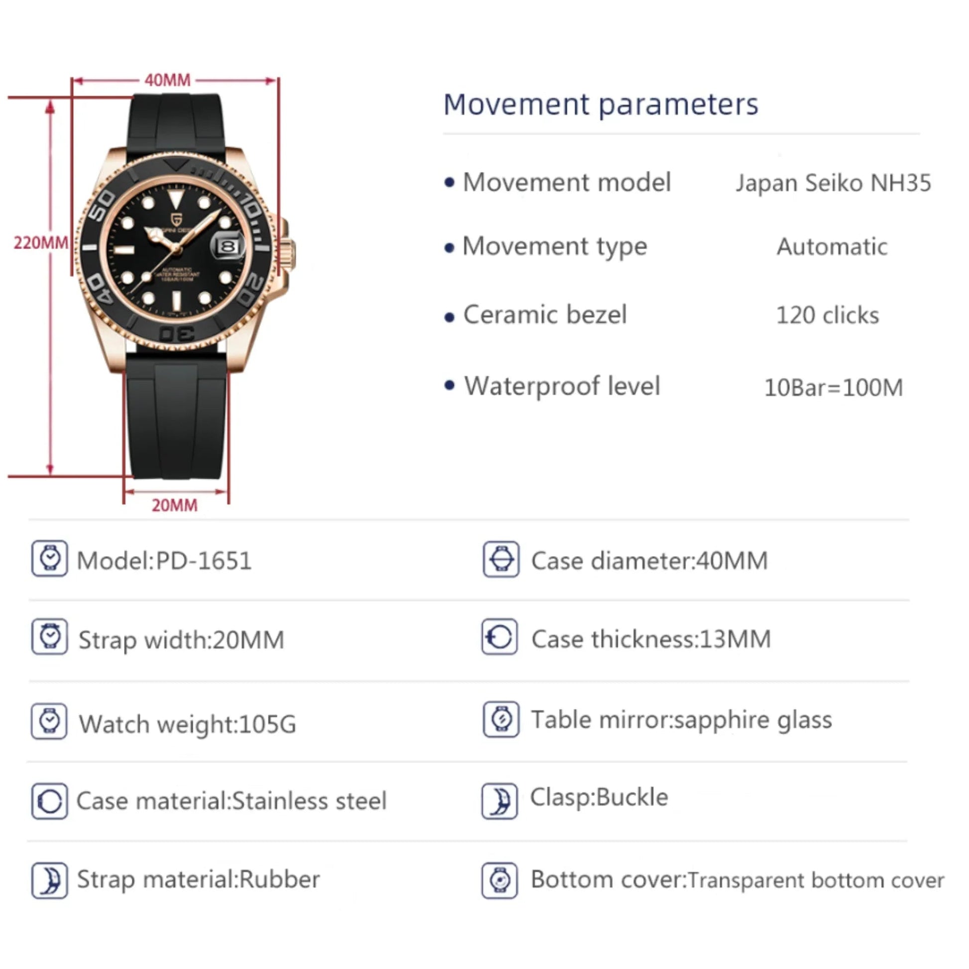 Pagani Design PD-1651 40mm Mens Automatic Waterproof Mechanical Watch Yatch-Master Hommage - DREAM WATCHES
