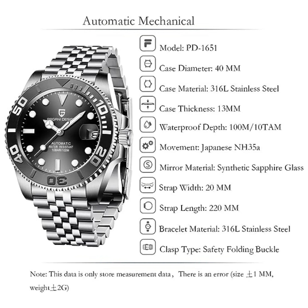 Pagani Design PD-1651 40mm Mens Automatic Waterproof Mechanical Watch Yatch-Master Hommage - Black - DREAM WATCHES