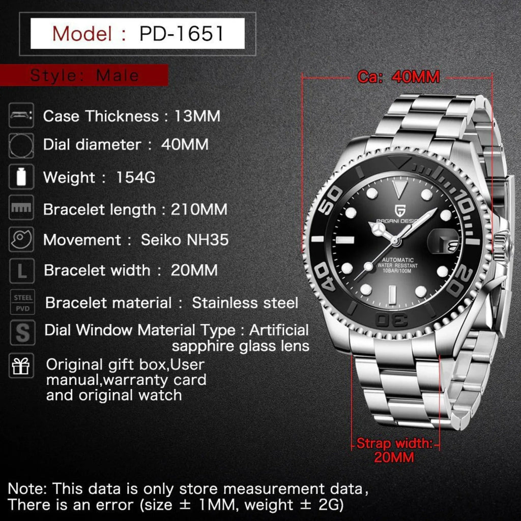 Pagani Design PD-1651 40mm Mens Automatic Waterproof Mechanical Watch Yatch-Master Hommage - Black Bezel - DREAM WATCHES