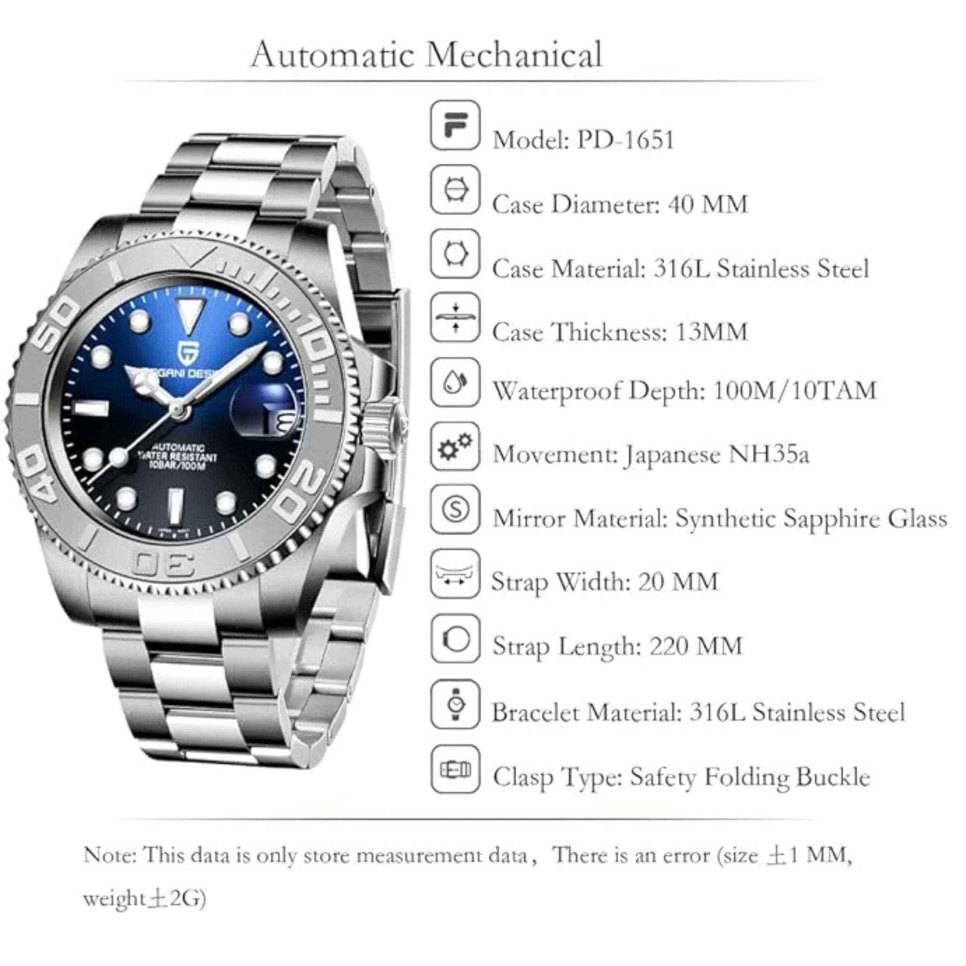 Pagani Design PD-1651 40mm Mens Automatic Waterproof Mechanical Watch Yatch-Master Hommage - Black Blue - DREAM WATCHES