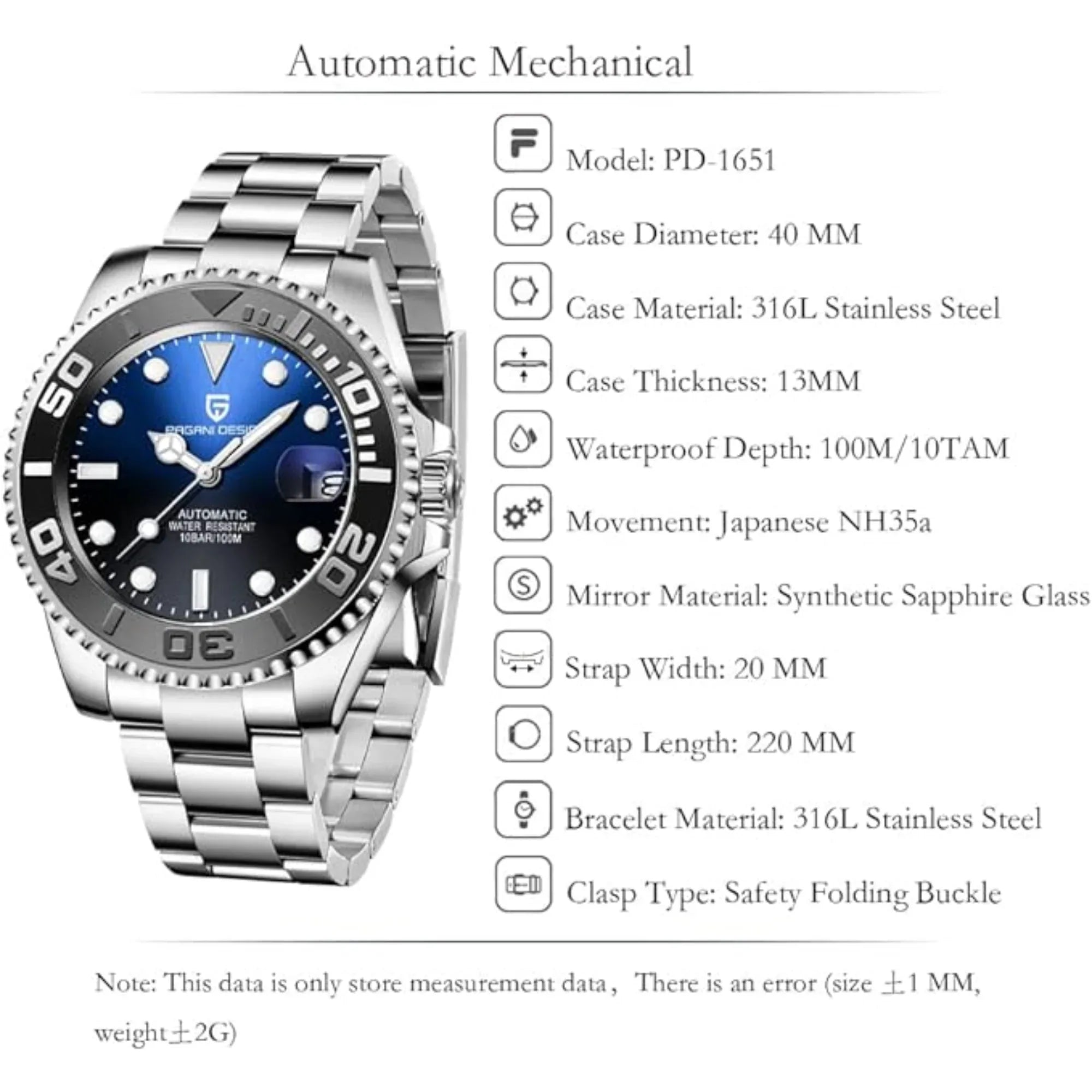 Pagani Design PD-1651 40mm Mens Automatic Waterproof Mechanical Watch Yatch-Master Hommage - Black Blue - DREAM WATCHES