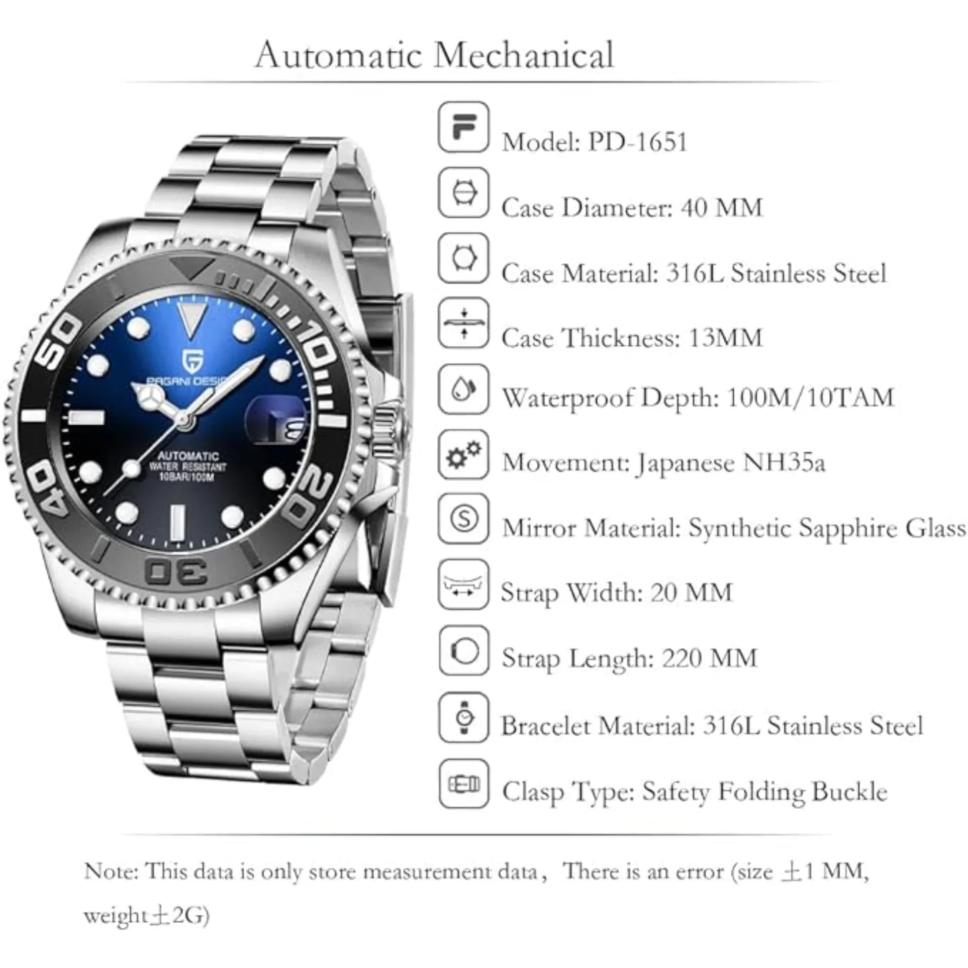 Pagani Design PD-1651 40mm Mens Automatic Waterproof Mechanical Watch Yatch-Master Hommage - Black Blue - DREAM WATCHES