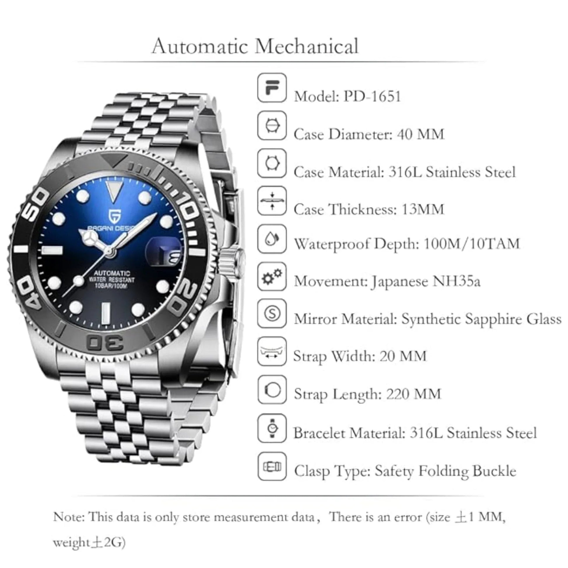Pagani Design PD-1651 40mm Mens Automatic Waterproof Mechanical Watch Yatch-Master Hommage - Black Blue - DREAM WATCHES