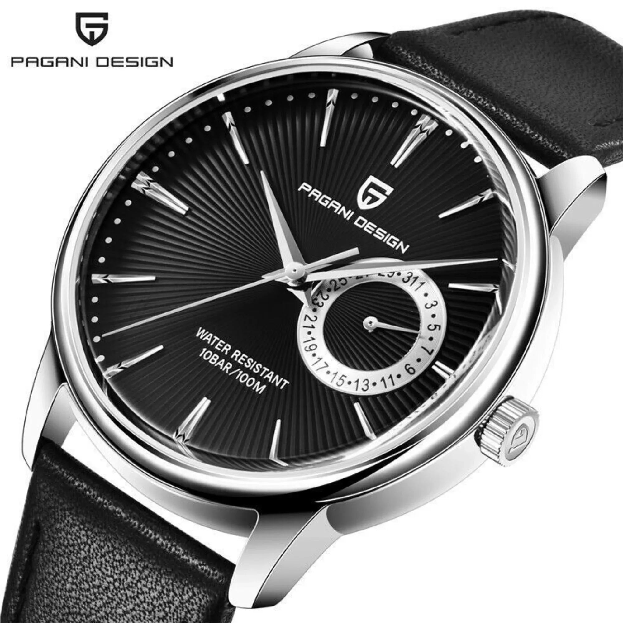 PAGANI DESIGN PD-1654 Japan Quartz Men Business Pilot Watch Leather Band - Black - DREAM WATCHES