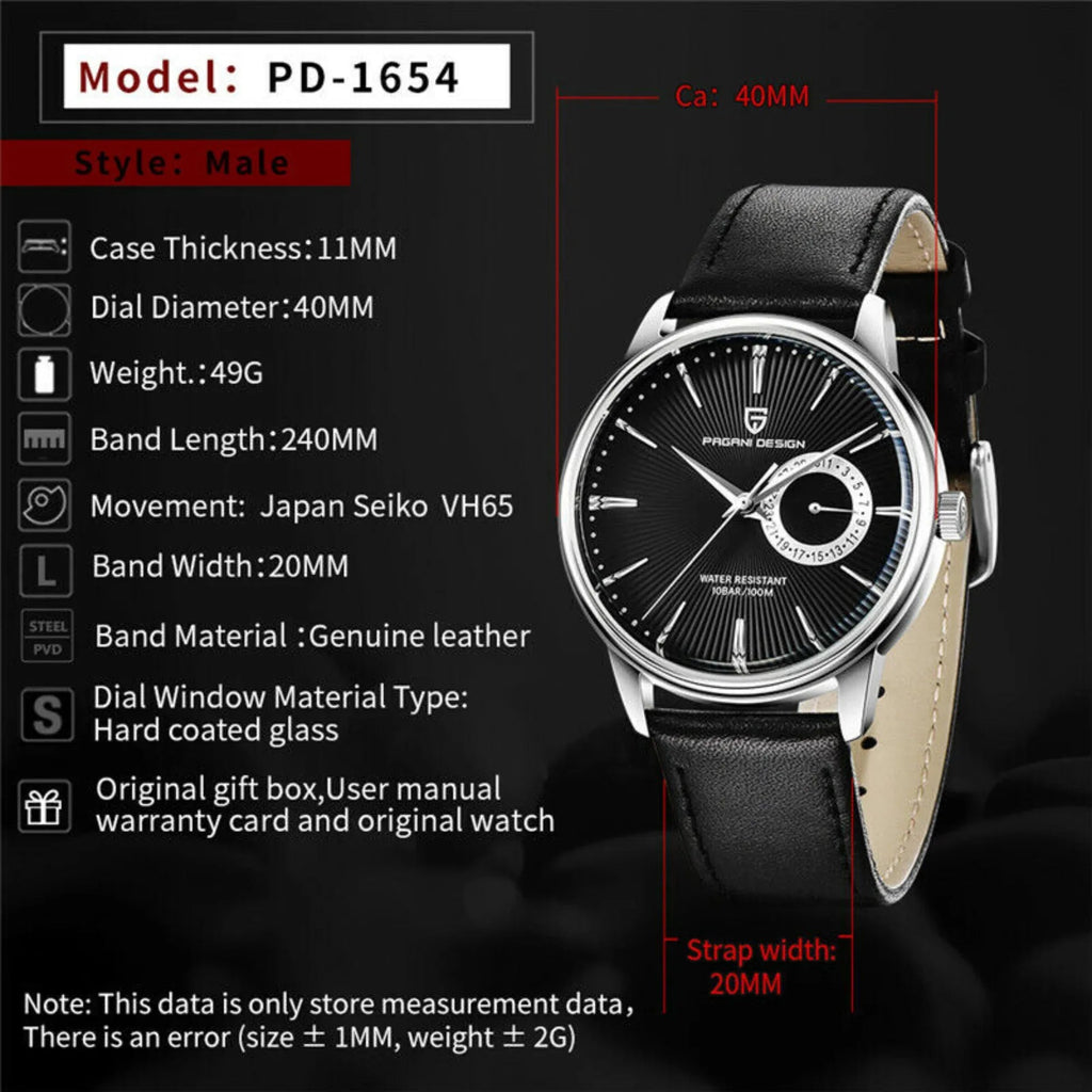 PAGANI DESIGN PD-1654 Japan Quartz Men Business Pilot Watch Leather Band - Black - DREAM WATCHES