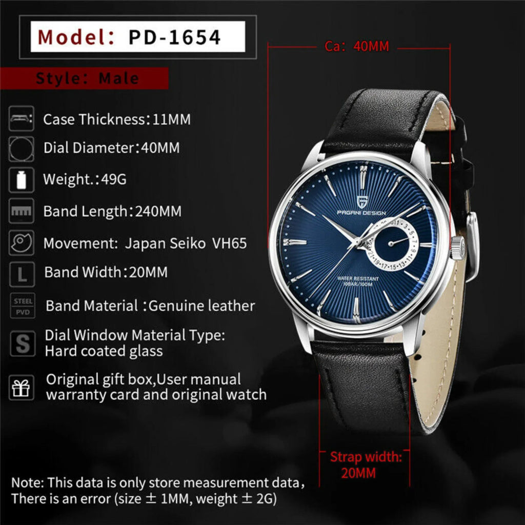 PAGANI DESIGN PD-1654 Japan Quartz Men Business Pilot Watch Leather Band - Blue - DREAM WATCHES