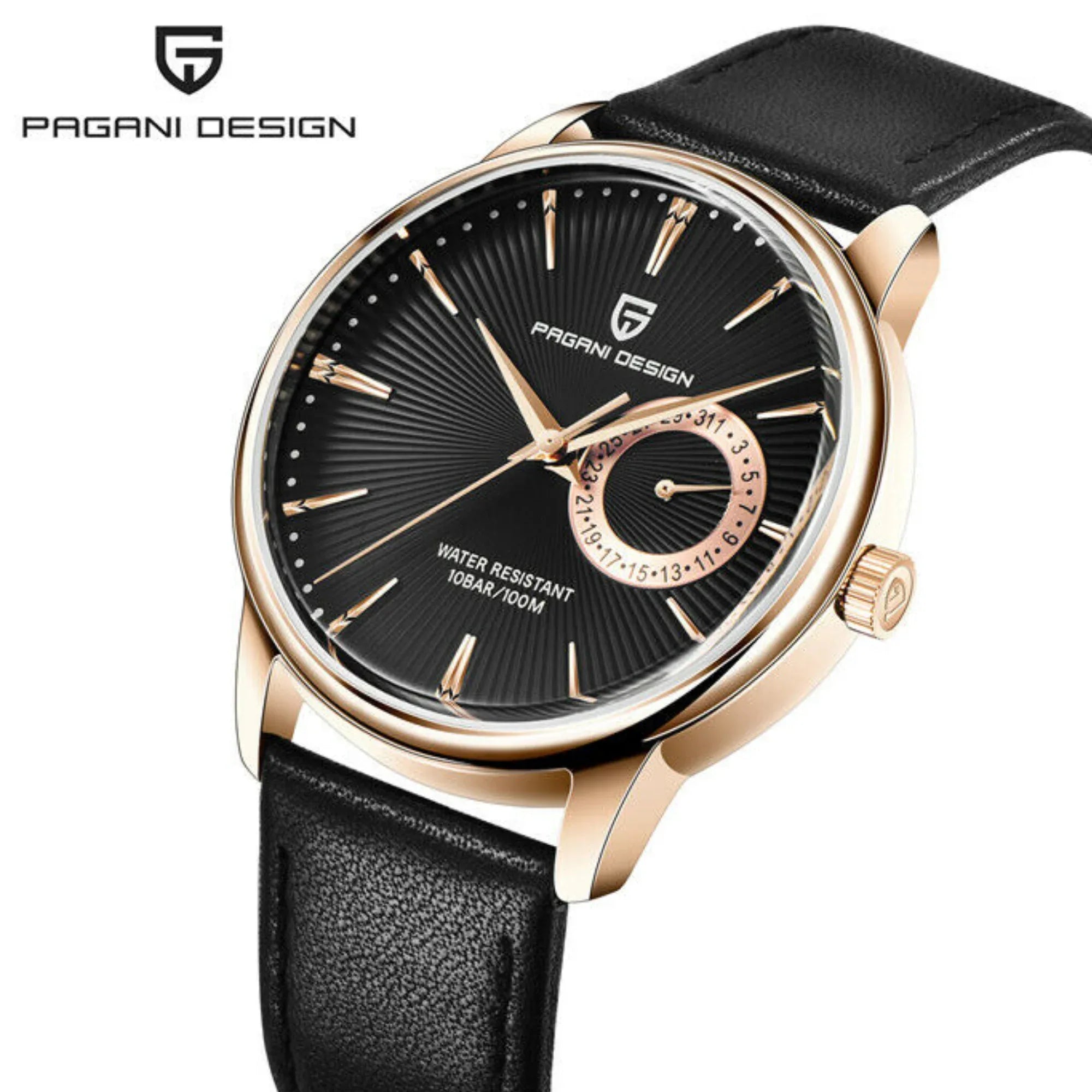 PAGANI DESIGN PD-1654 Japan Quartz Men Business Pilot Watch Leather Band - Rose Gold - DREAM WATCHES