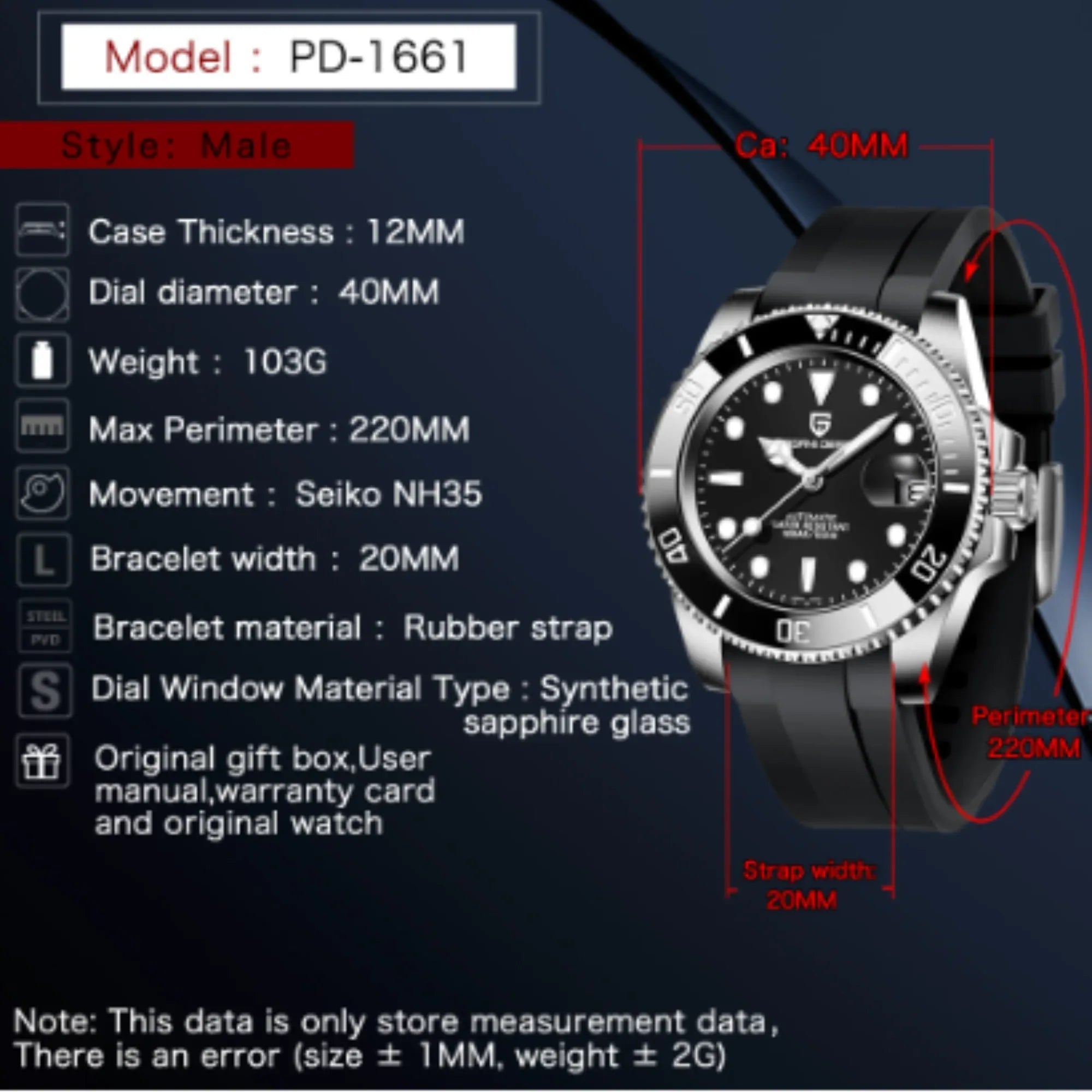 Pagani Design PD-1661 Waterproof Mechanical Automatic Watch Men's 40MM Watch Black - DREAM WATCHES