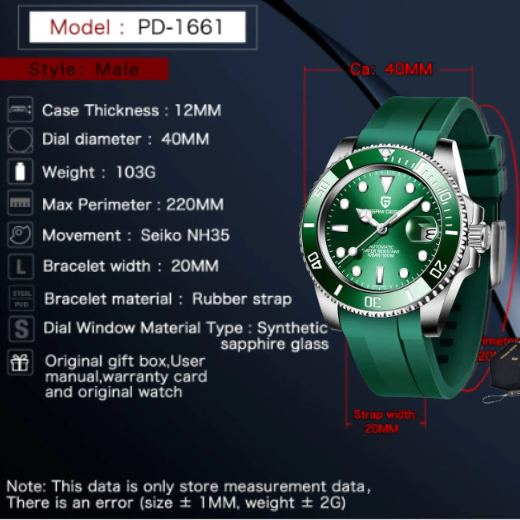 Pagani Design PD-1661 Waterproof Mechanical Automatic Watch Men's 40MM Watch "Hulk" - DREAM WATCHES