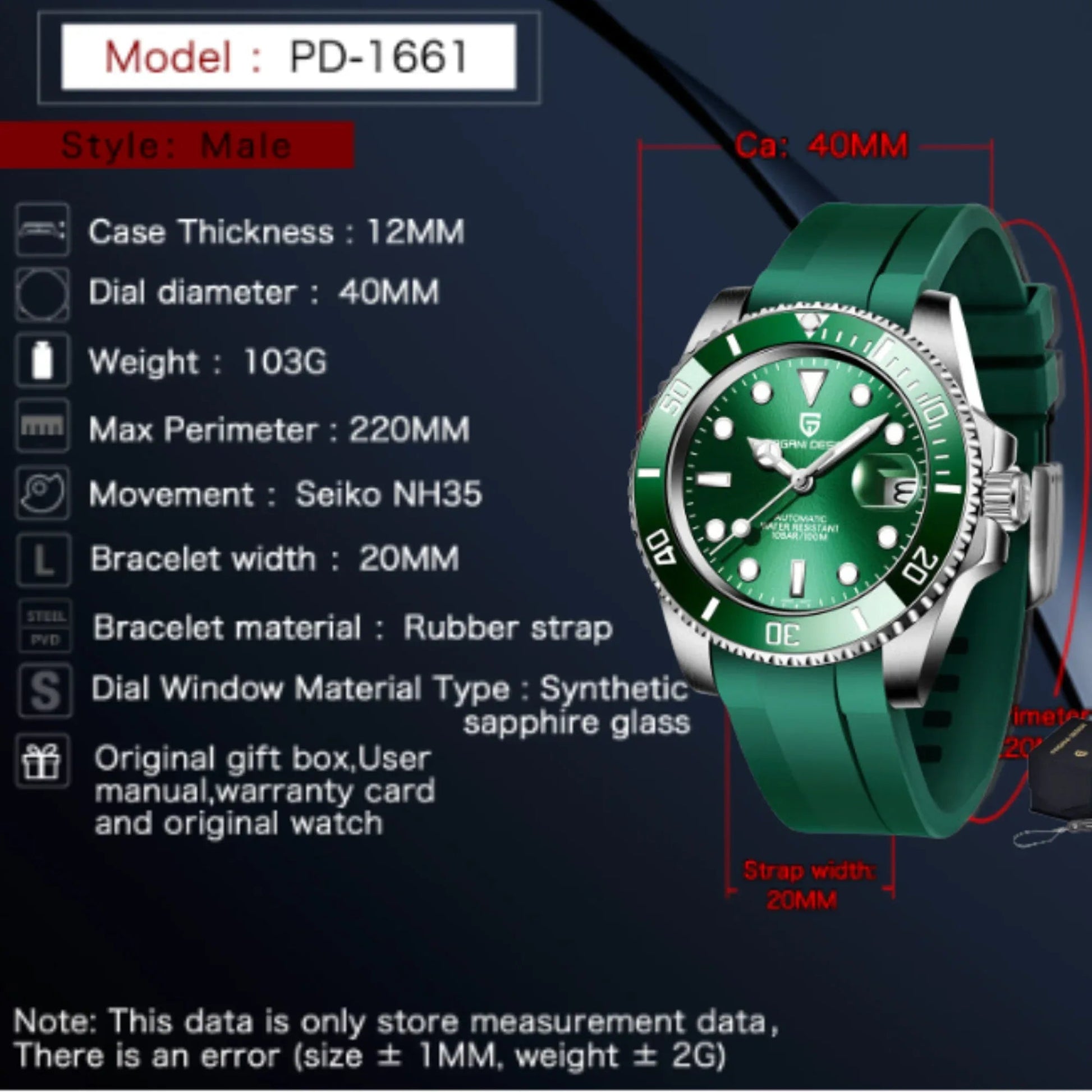Pagani Design PD-1661 Waterproof Mechanical Automatic Watch Men's 40MM Watch "Hulk" - DREAM WATCHES