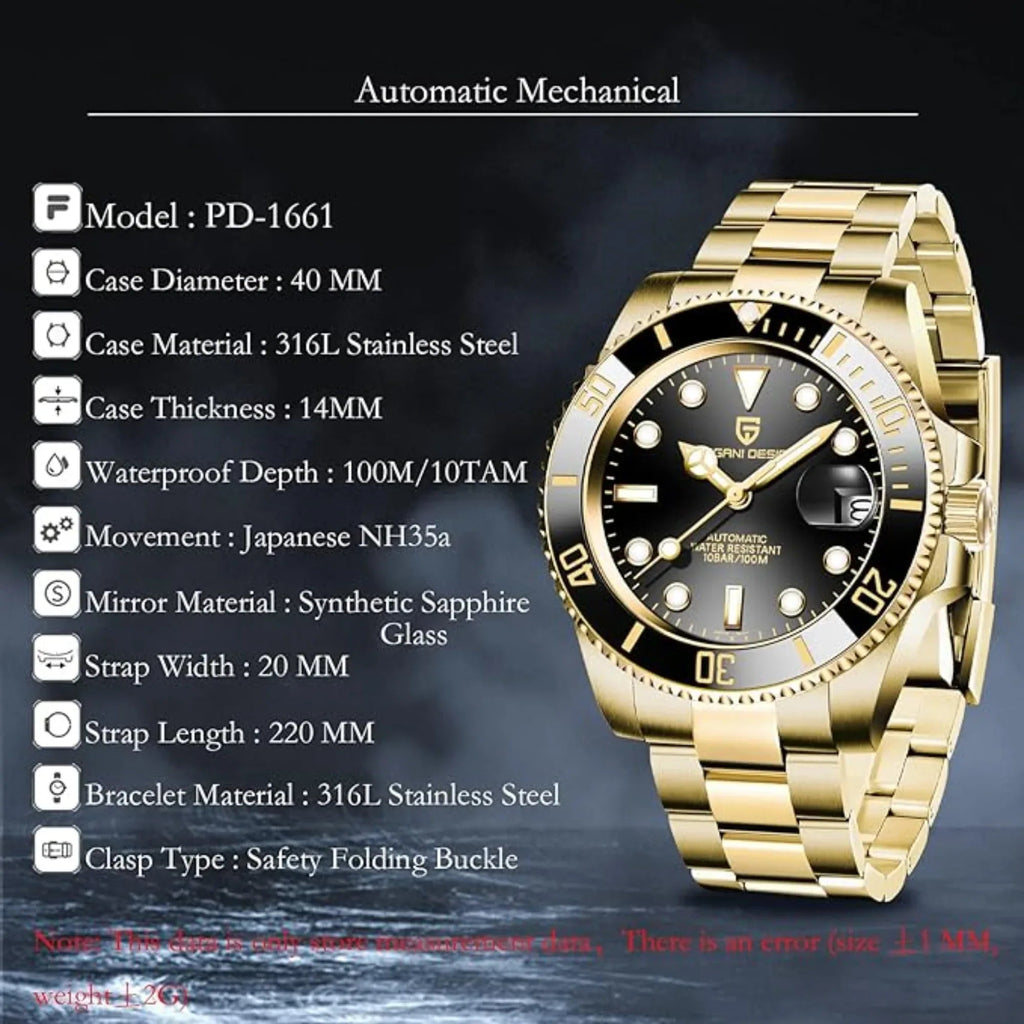 Pagani Design PD-1661 Waterproof Mechanical Automatic Watch Stainless Steel Men's 40MM Watch "Black - Golden Bracelet" - DREAM WATCHES