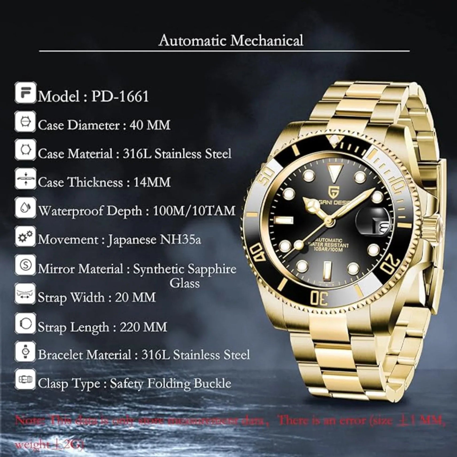 Pagani Design PD-1661 Waterproof Mechanical Automatic Watch Stainless Steel Men's 40MM Watch "Black - Golden Bracelet" - DREAM WATCHES