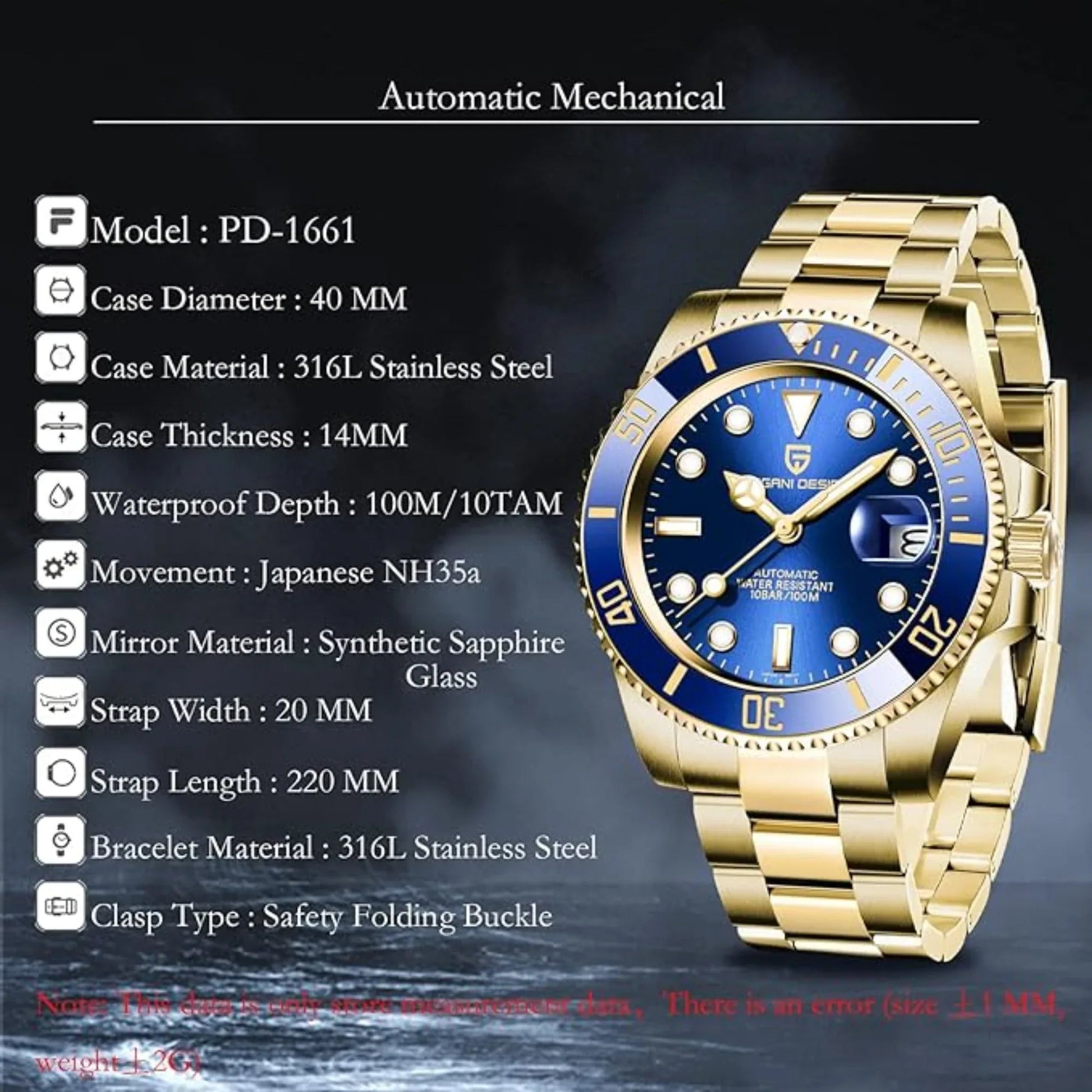 Pagani Design PD-1661 Waterproof Mechanical Automatic Watch Stainless Steel Men's 40MM Watch "Blue - Golden Bracelet" - DREAM WATCHES