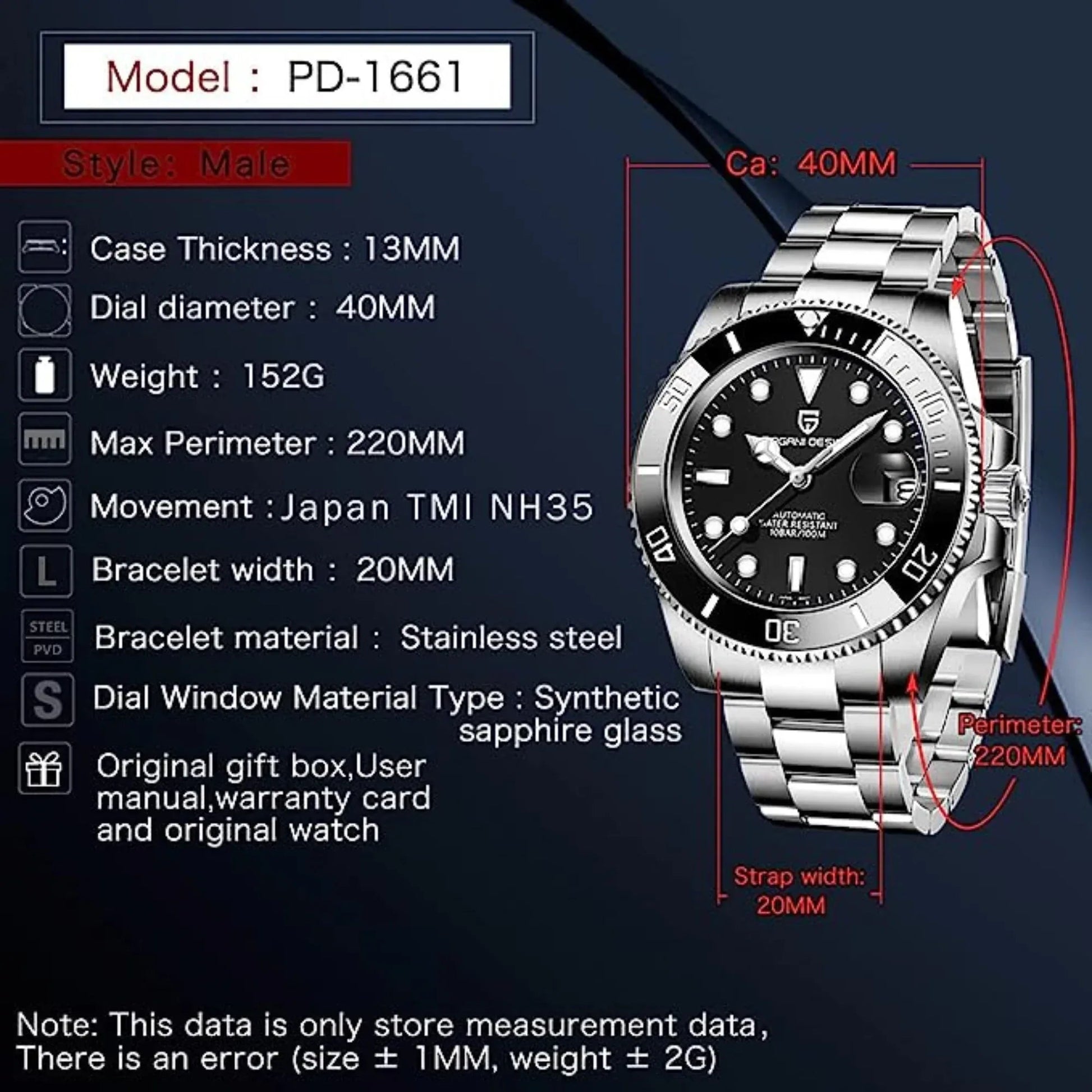 Pagani Design PD-1661 Waterproof Mechanical Automatic Watch Stainless Steel Men's 40MM Watch - Blue/Black - DREAM WATCHES