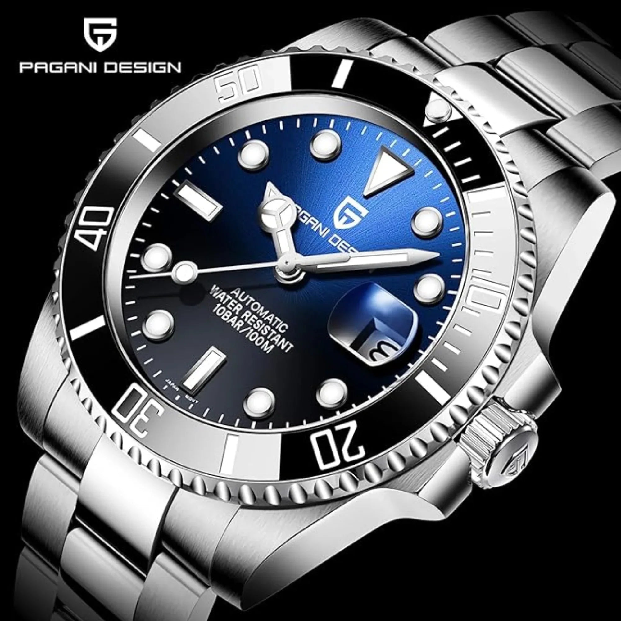 Pagani Design PD-1661 Waterproof Mechanical Automatic Watch Stainless Steel Men's 40MM Watch - Blue/Black - DREAM WATCHES