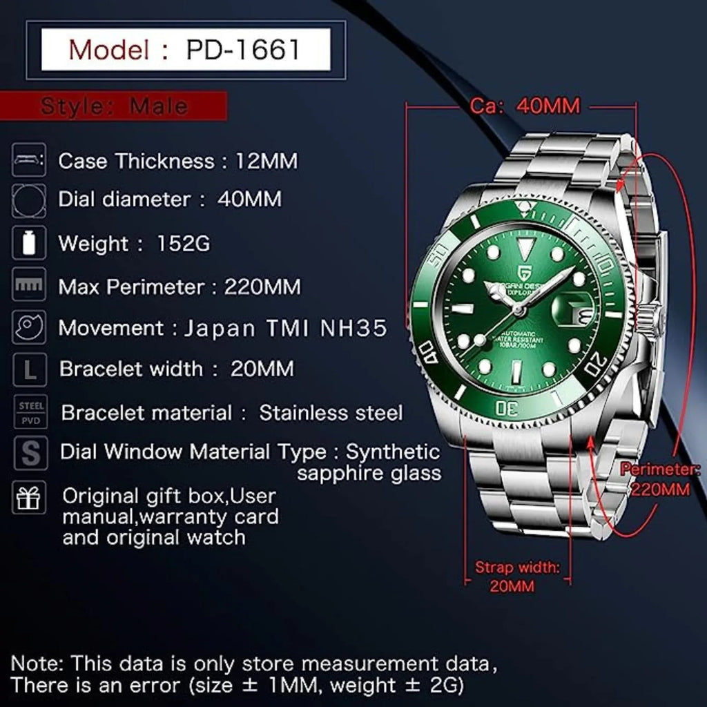 Pagani Design PD-1661 Waterproof Mechanical Automatic Watch Stainless Steel Men's 40MM Watch "Hulk" - DREAM WATCHES