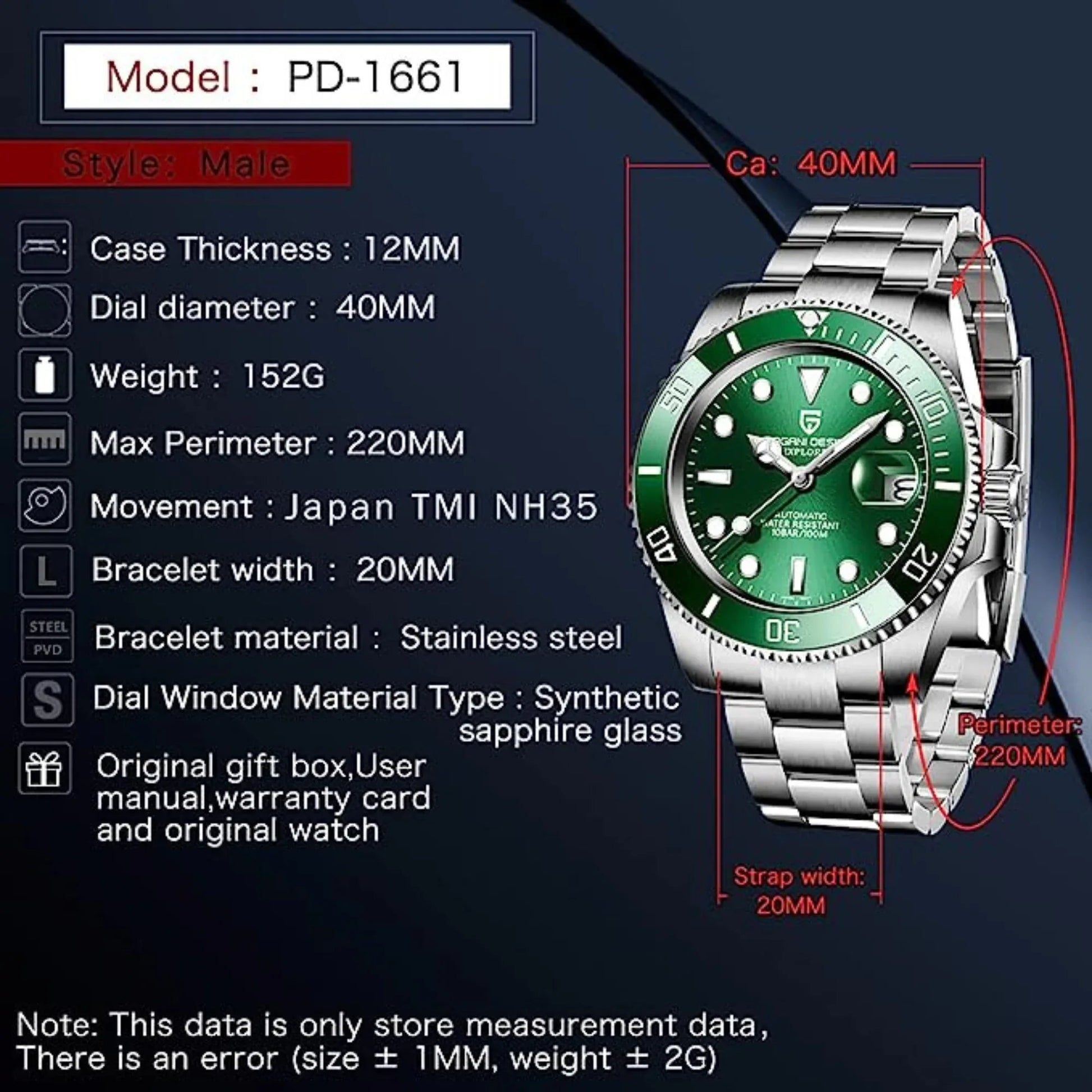 Pagani Design PD-1661 Waterproof Mechanical Automatic Watch Stainless Steel Men's 40MM Watch "Hulk" - DREAM WATCHES