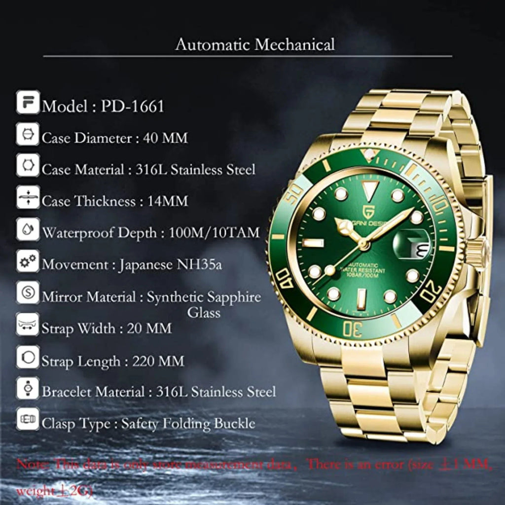 Pagani Design PD-1661 Waterproof Mechanical Automatic Watch Stainless Steel Men's 40MM Watch "Hulk - Golden Bracelet" - DREAM WATCHES