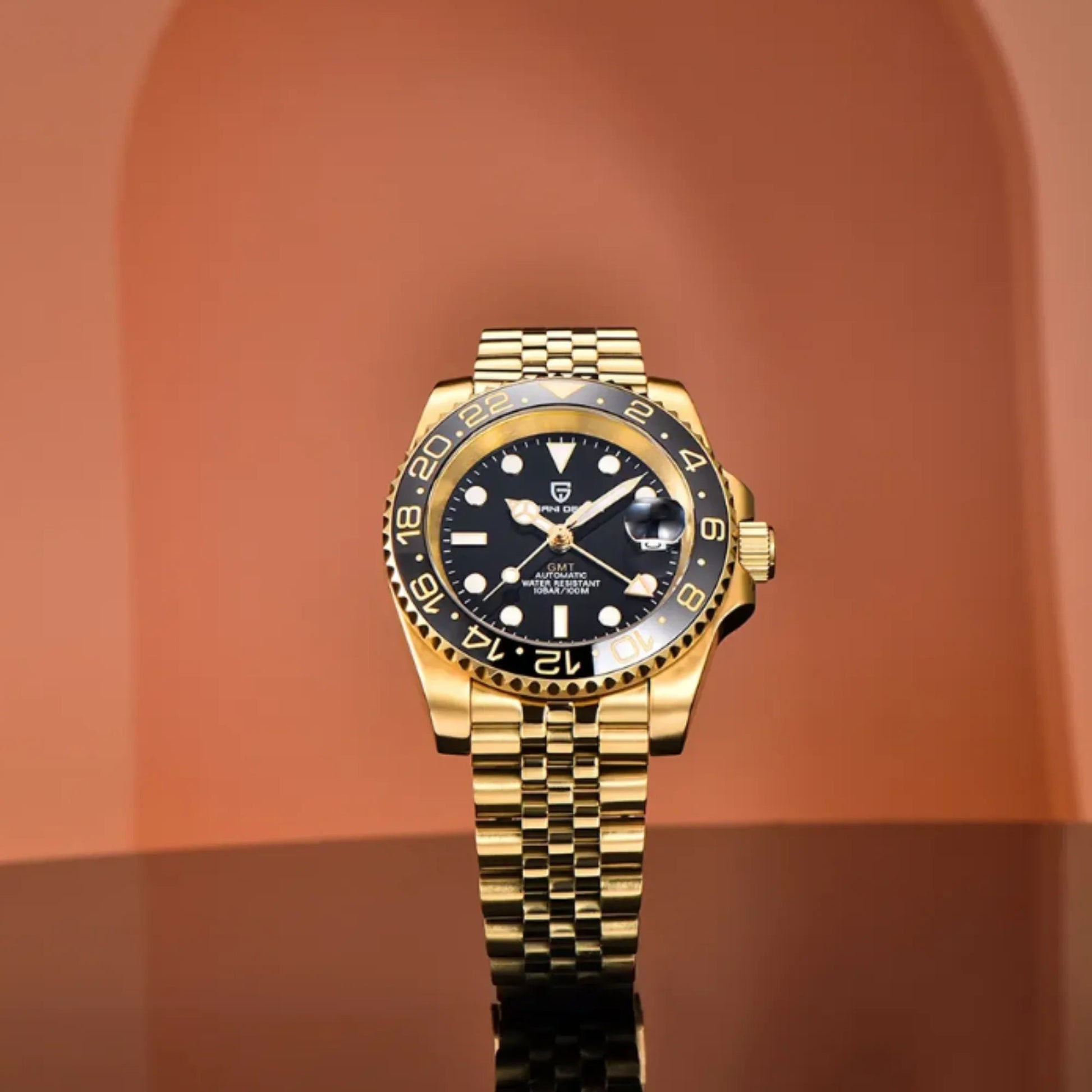 PAGANI DESIGN PD-1662 V5 Ceramic Bezel Automatic 100M Waterproof GMT Watch for Men - Black/Golden - DREAM WATCHES