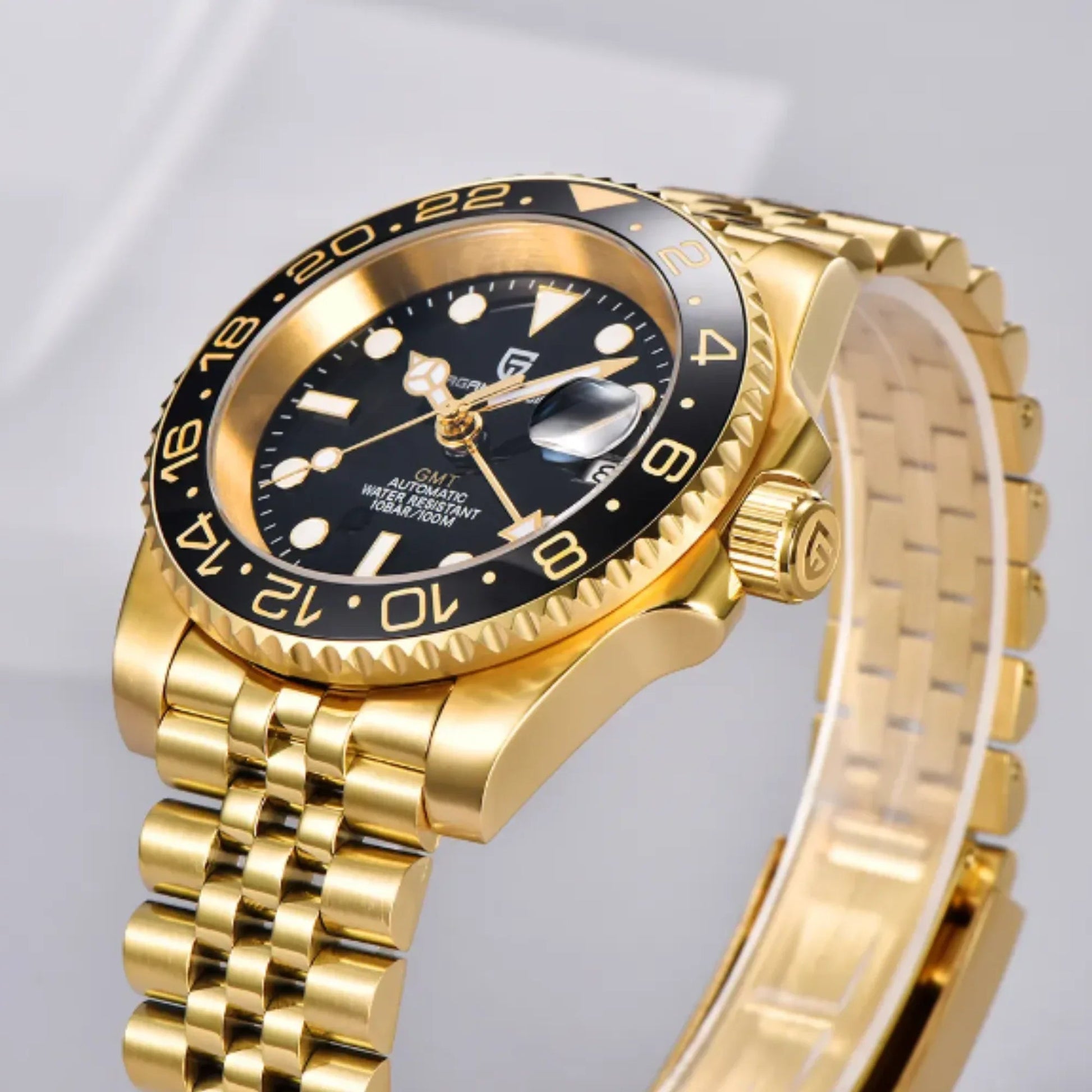 PAGANI DESIGN PD-1662 V5 Ceramic Bezel Automatic 100M Waterproof GMT Watch for Men - Black/Golden - DREAM WATCHES