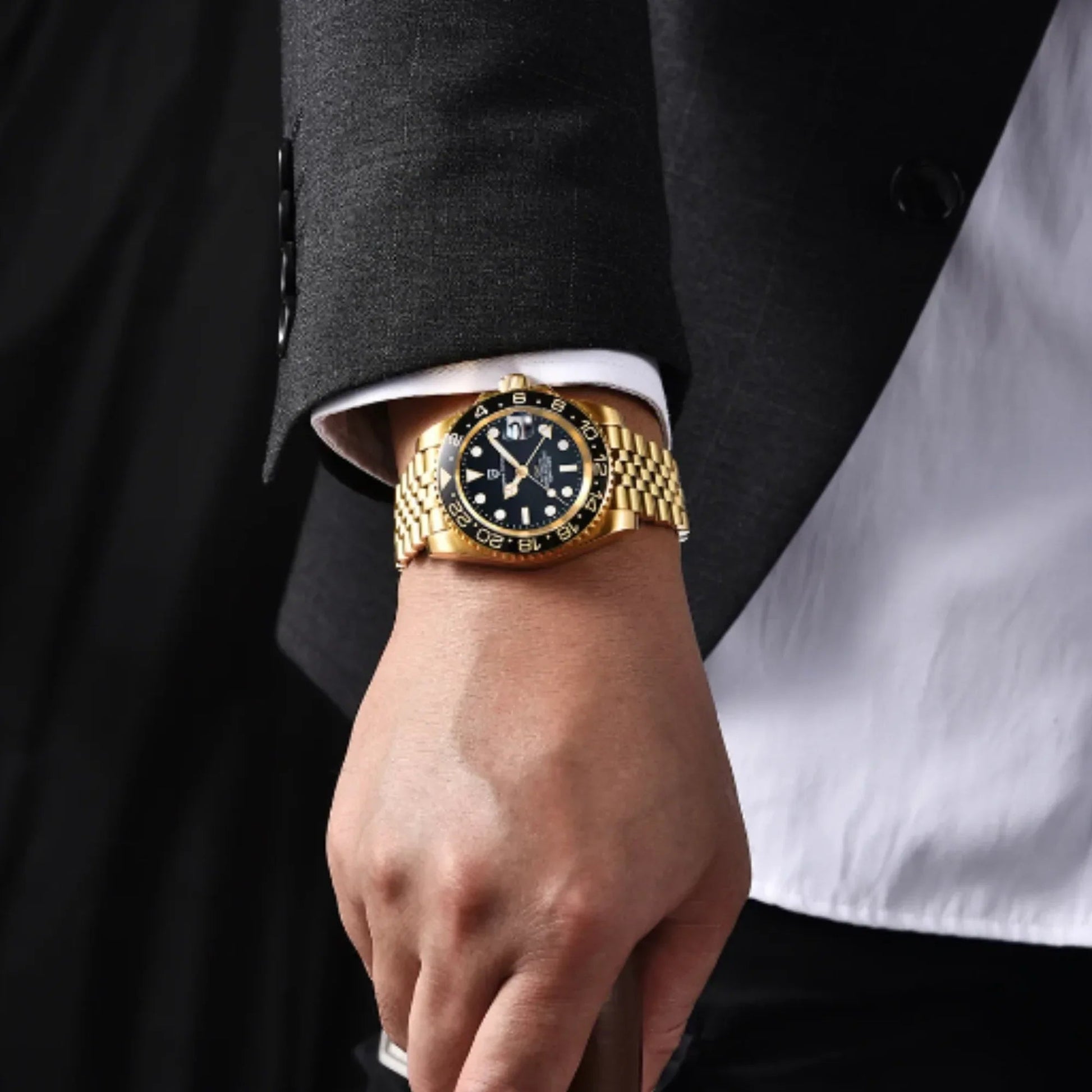 PAGANI DESIGN PD-1662 V5 Ceramic Bezel Automatic 100M Waterproof GMT Watch for Men - Black/Golden - DREAM WATCHES
