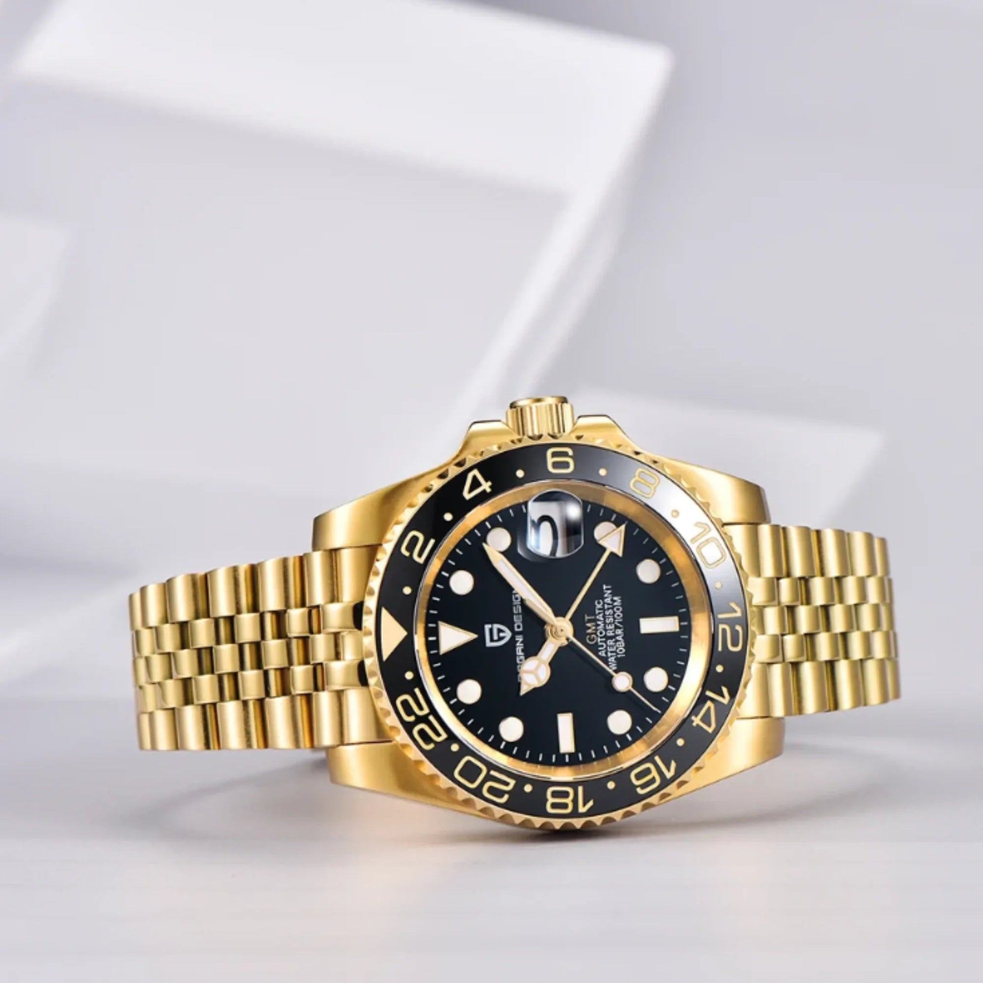 PAGANI DESIGN PD-1662 V5 Ceramic Bezel Automatic 100M Waterproof GMT Watch for Men - Black/Golden - DREAM WATCHES