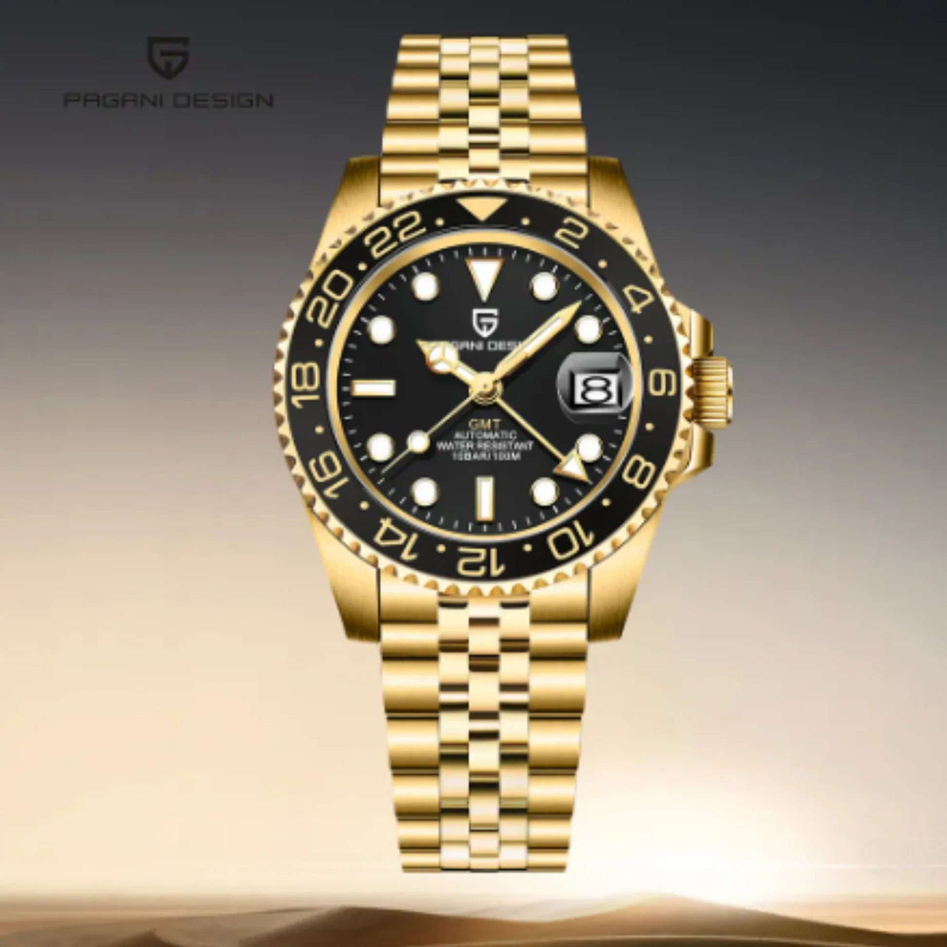 PAGANI DESIGN PD-1662 V5 Ceramic Bezel Automatic 100M Waterproof GMT Watch for Men - Black/Golden - DREAM WATCHES