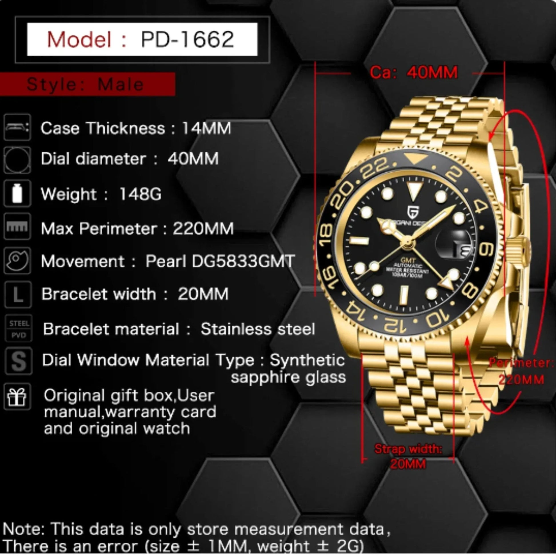 PAGANI DESIGN PD-1662 V5 Ceramic Bezel Automatic 100M Waterproof GMT Watch for Men - Black/Golden - DREAM WATCHES
