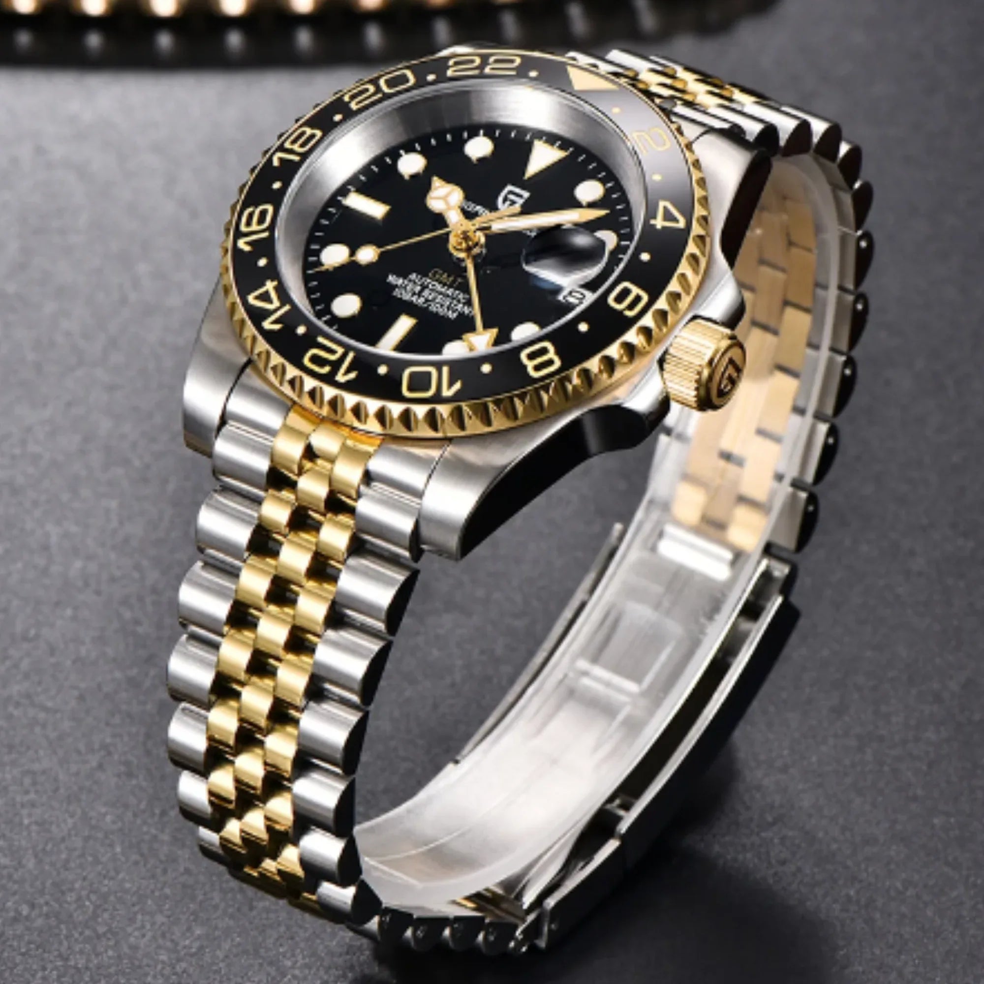 PAGANI DESIGN PD-1662 V5 Men Mechanical Watches Luxury Ceramic Bezel Automatic Watch 100M Waterproof GMT Watch for Men - Black/Golden - DREAM WATCHES