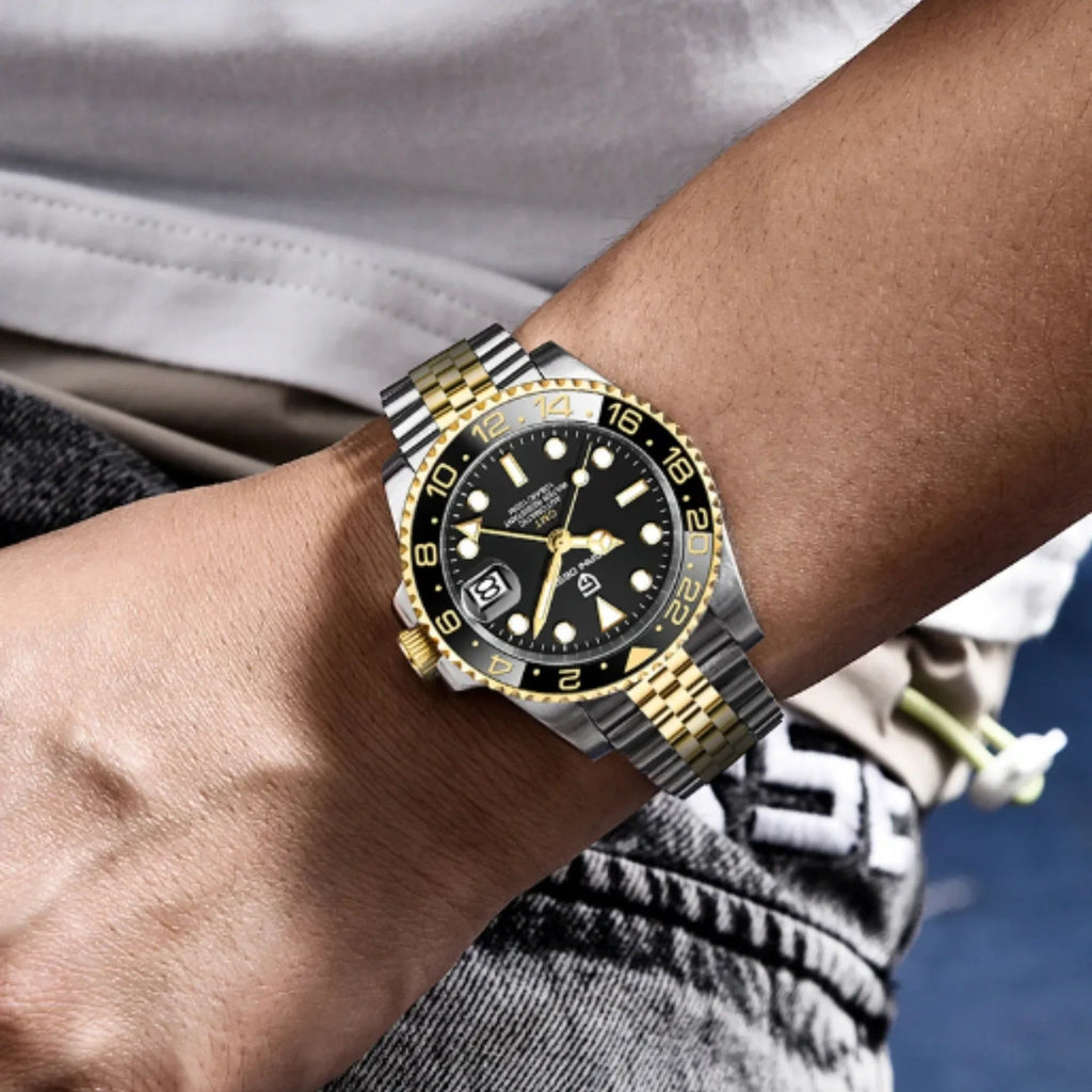 PAGANI DESIGN PD-1662 V5 Men Mechanical Watches Luxury Ceramic Bezel Automatic Watch 100M Waterproof GMT Watch for Men - Black/Golden - DREAM WATCHES