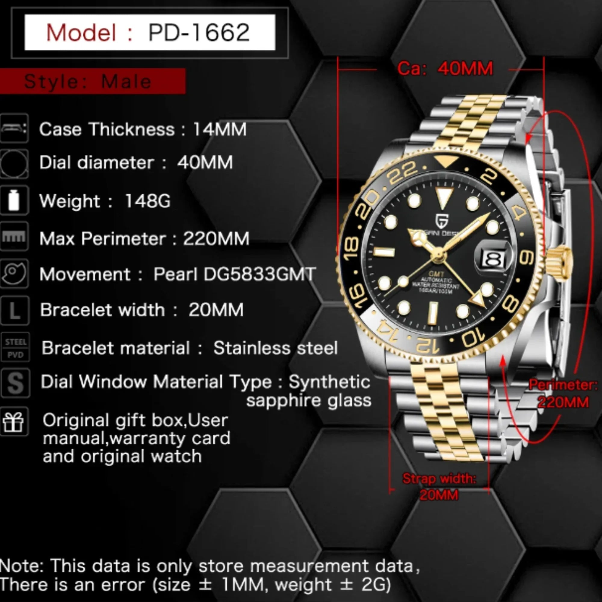 PAGANI DESIGN PD-1662 V5 Men Mechanical Watches Luxury Ceramic Bezel Automatic Watch 100M Waterproof GMT Watch for Men - Black/Golden - DREAM WATCHES