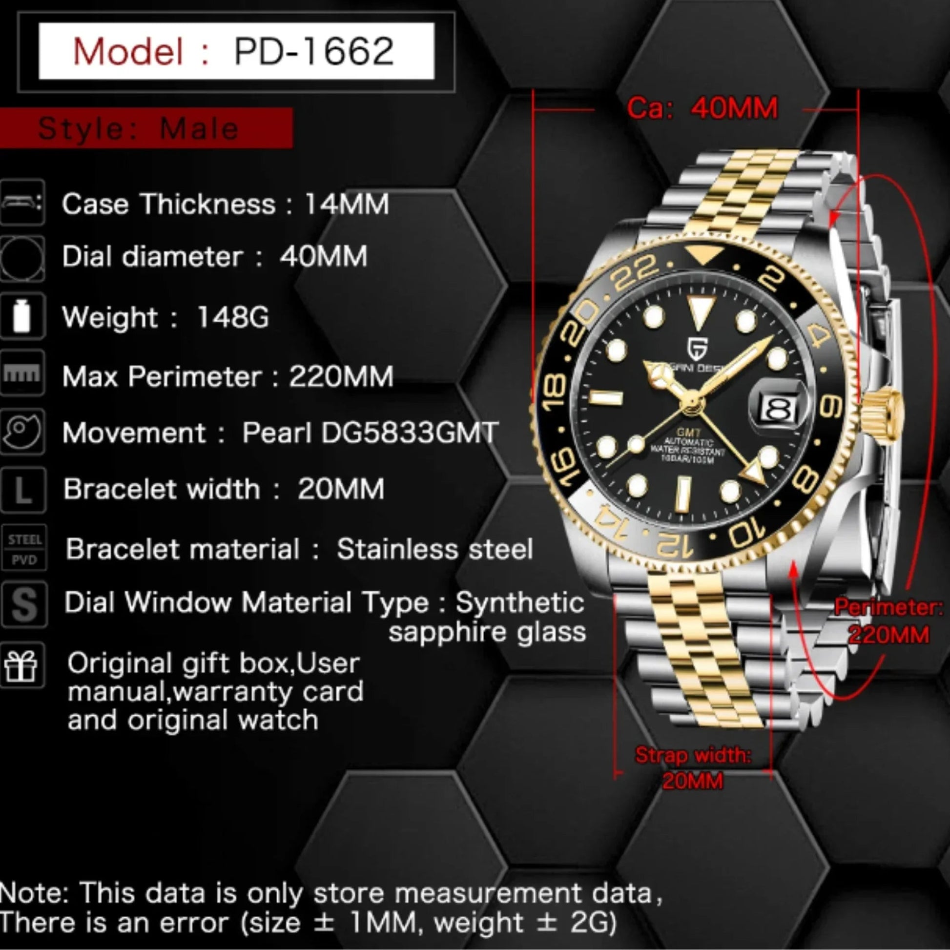 Pagani Design PD-1662 Herenhorloge, automatisch, mechanisch horloge, GMT, dubbele tijdzone, roestvrijstalen tweekleurige keramische bezel, 100 m waterdicht, armband Pagani Design PD-1662 Herenhorloge, automatisch, mechanisch horloge, GMT, dubbele tijdzone, roestvrijstalen tweekleurige keramische bezel, 100 m waterdicht, armband